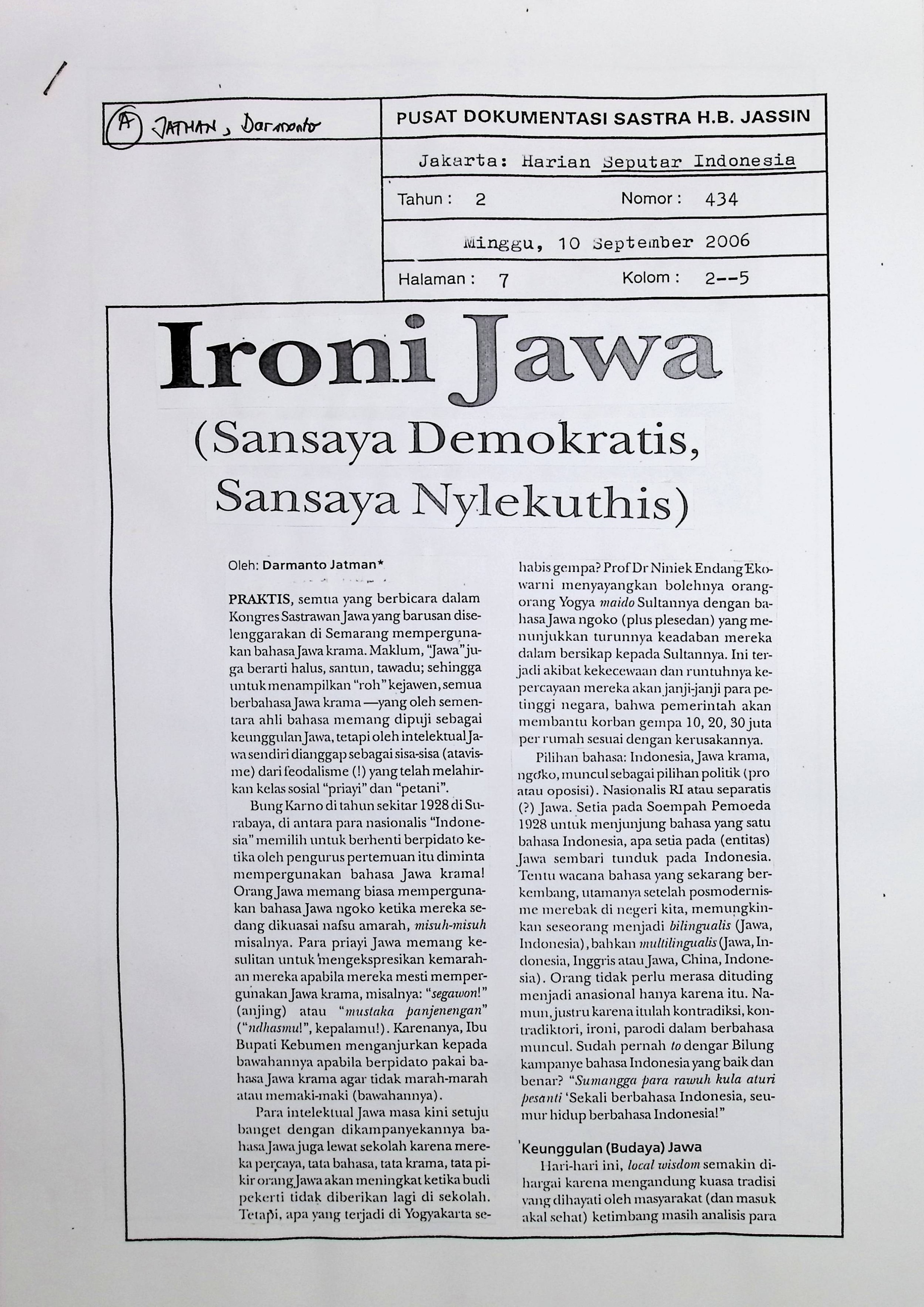 Ironi Jawa (sansaya demokratis, sansaya nylekuthis)