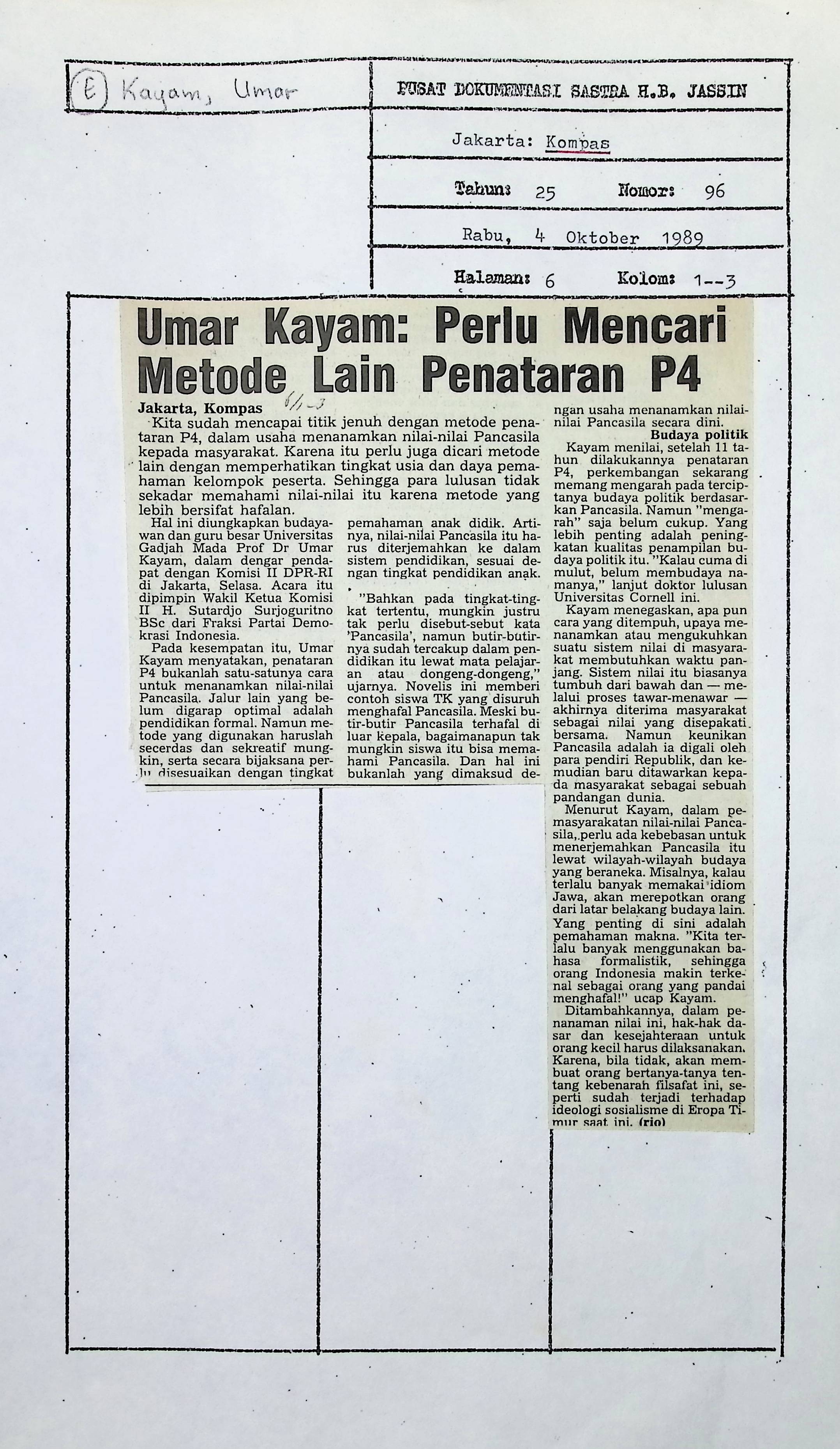 Umar Kayam, perlu mencari metode lain penataran P4