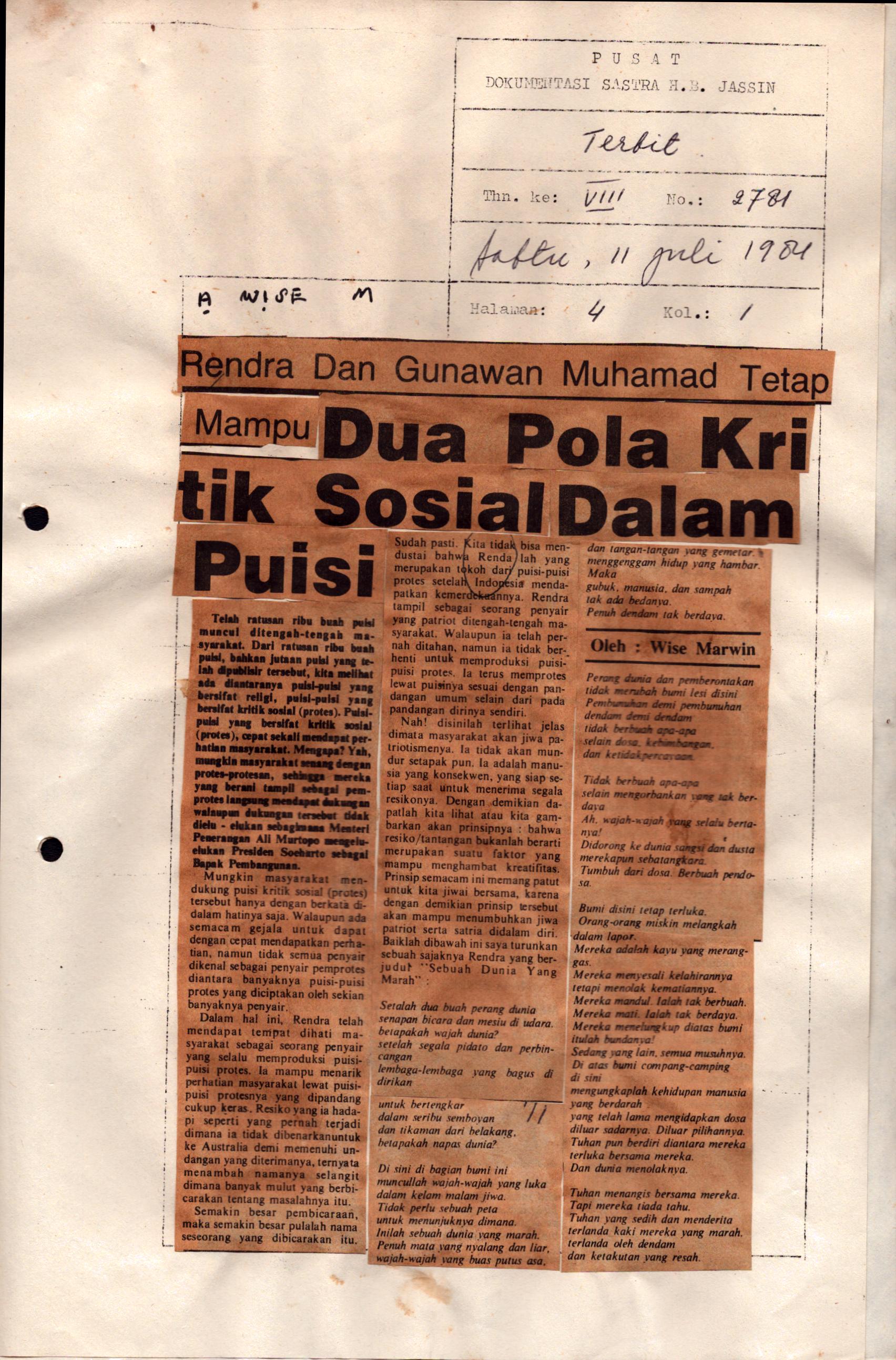 Rendra dan Gunawan Muhamad tetap mampu dua pola kritik sosial dalam puisi
