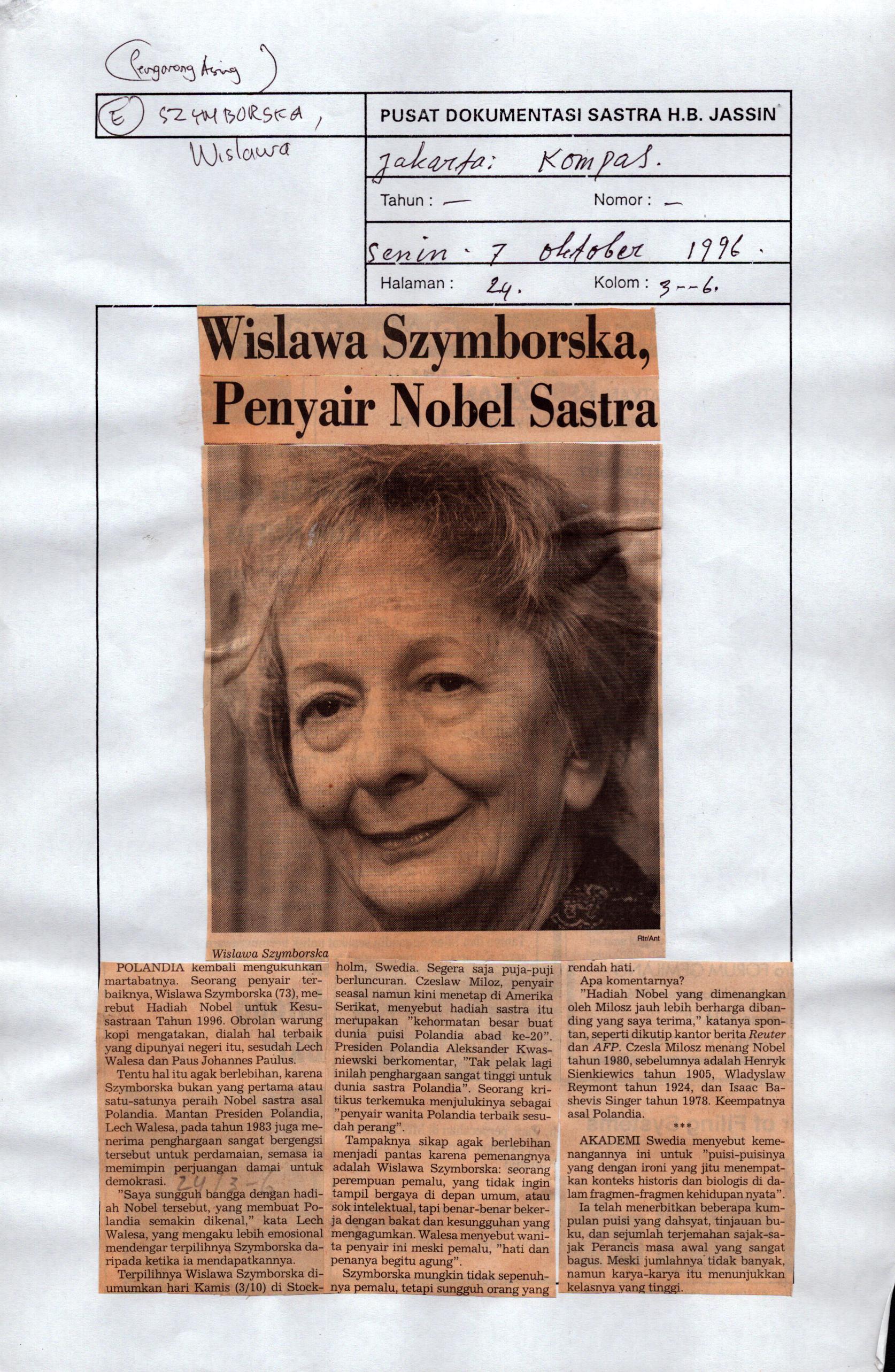 Wislawa Szymborska, penyair nobel sastra