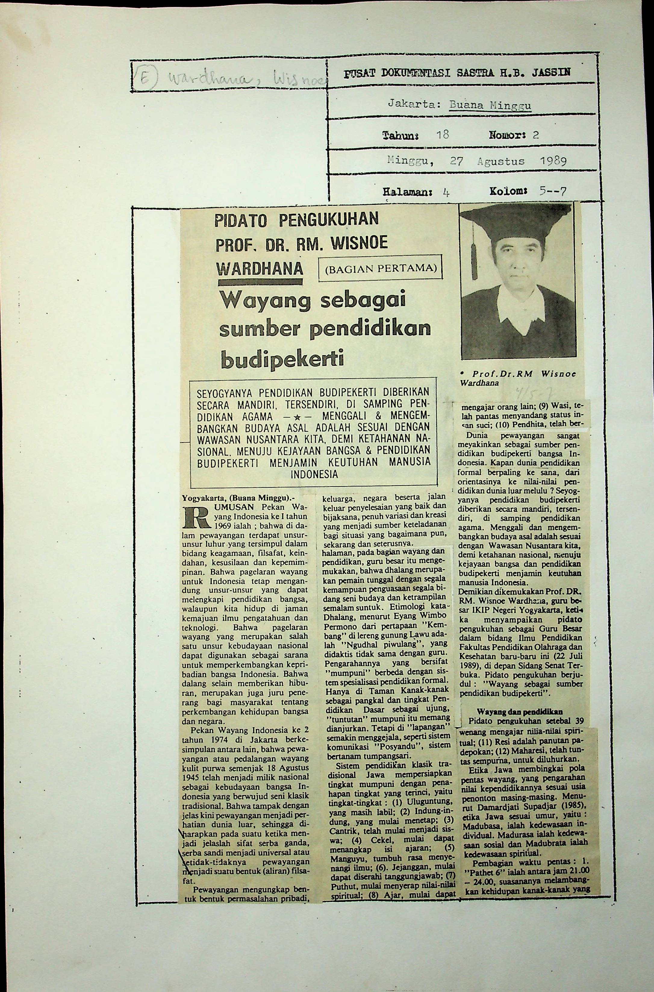 Pidato pengukuhan Prof. DR. RM. Wisnoe Wardhana : Wayang sebagai sumber pendidikan budi pekerti