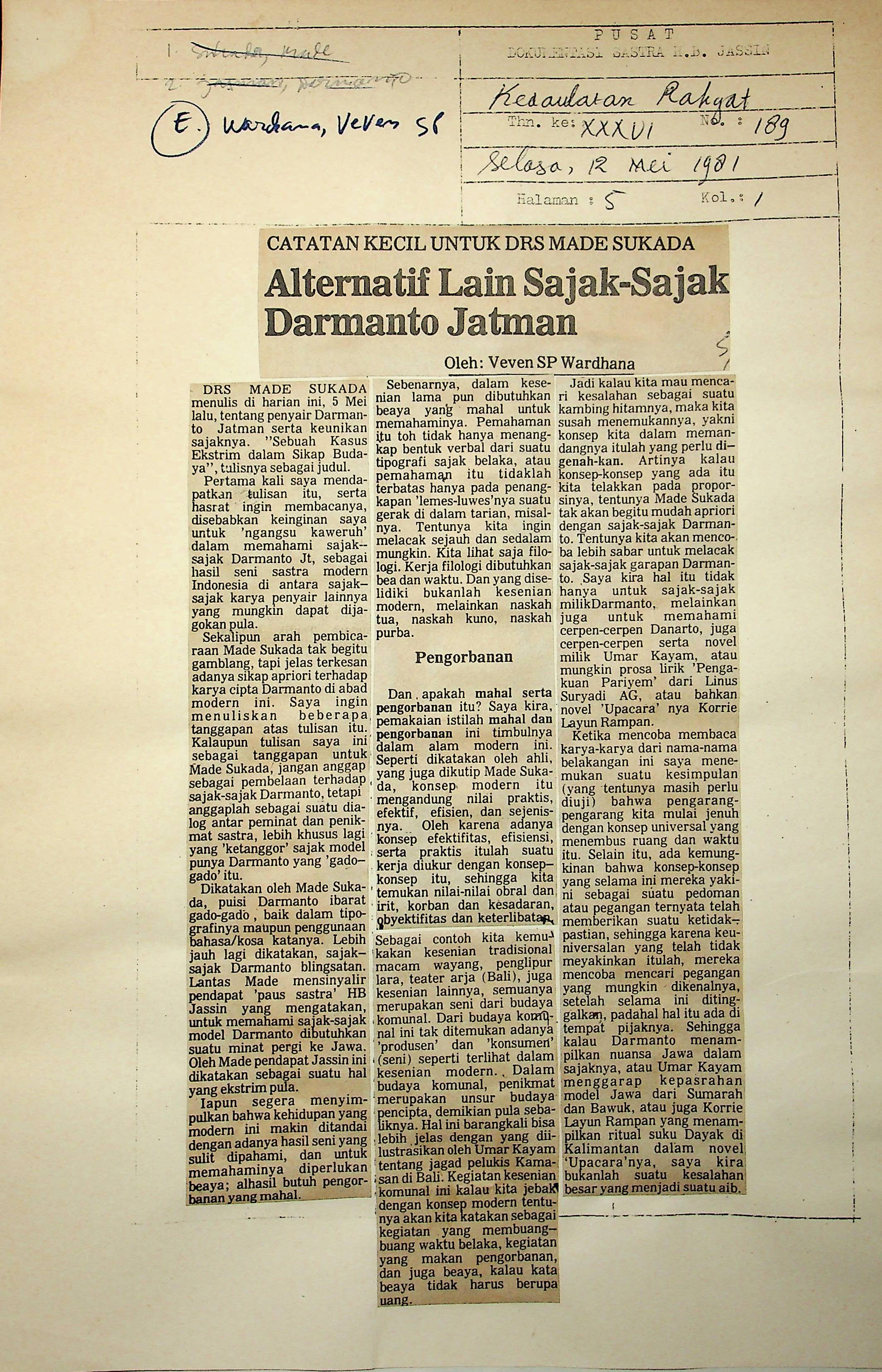 Catatan Kecil untuk DRS Made Sukada : Alternatif lain sajak-sajak Darmanto jatman