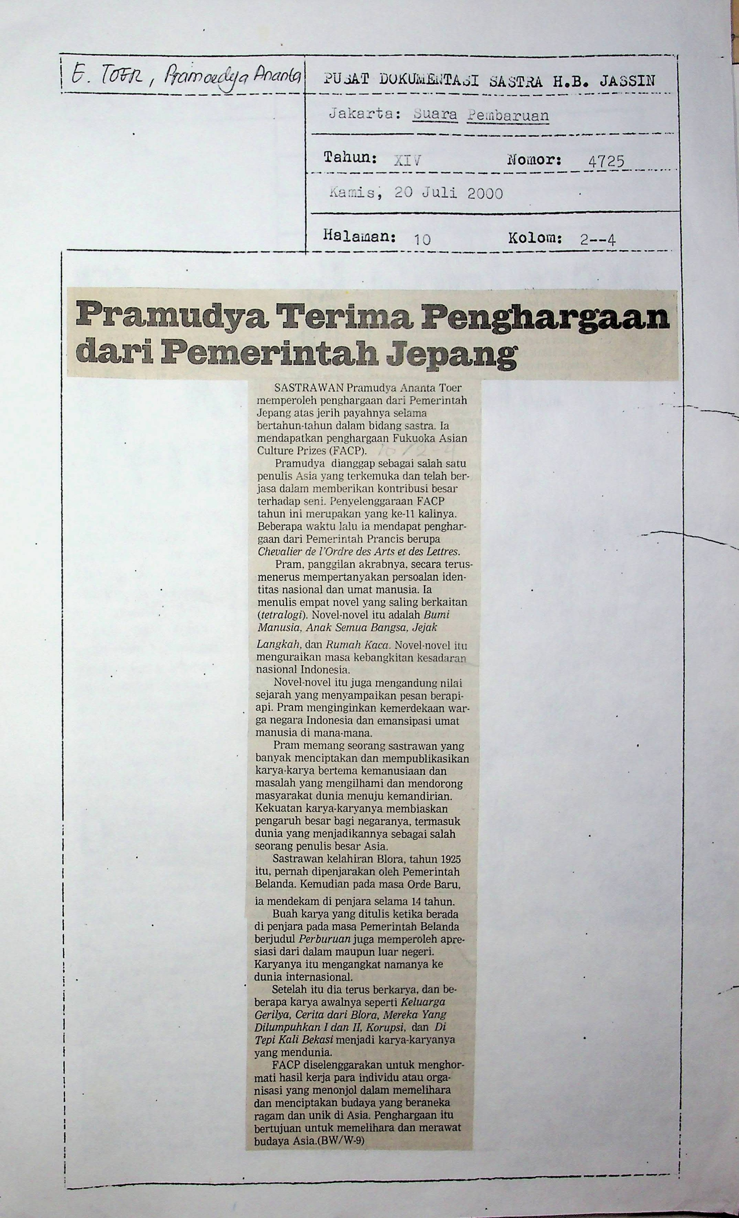 Pramudya terima penghargaan dari Pemerintah Jepang