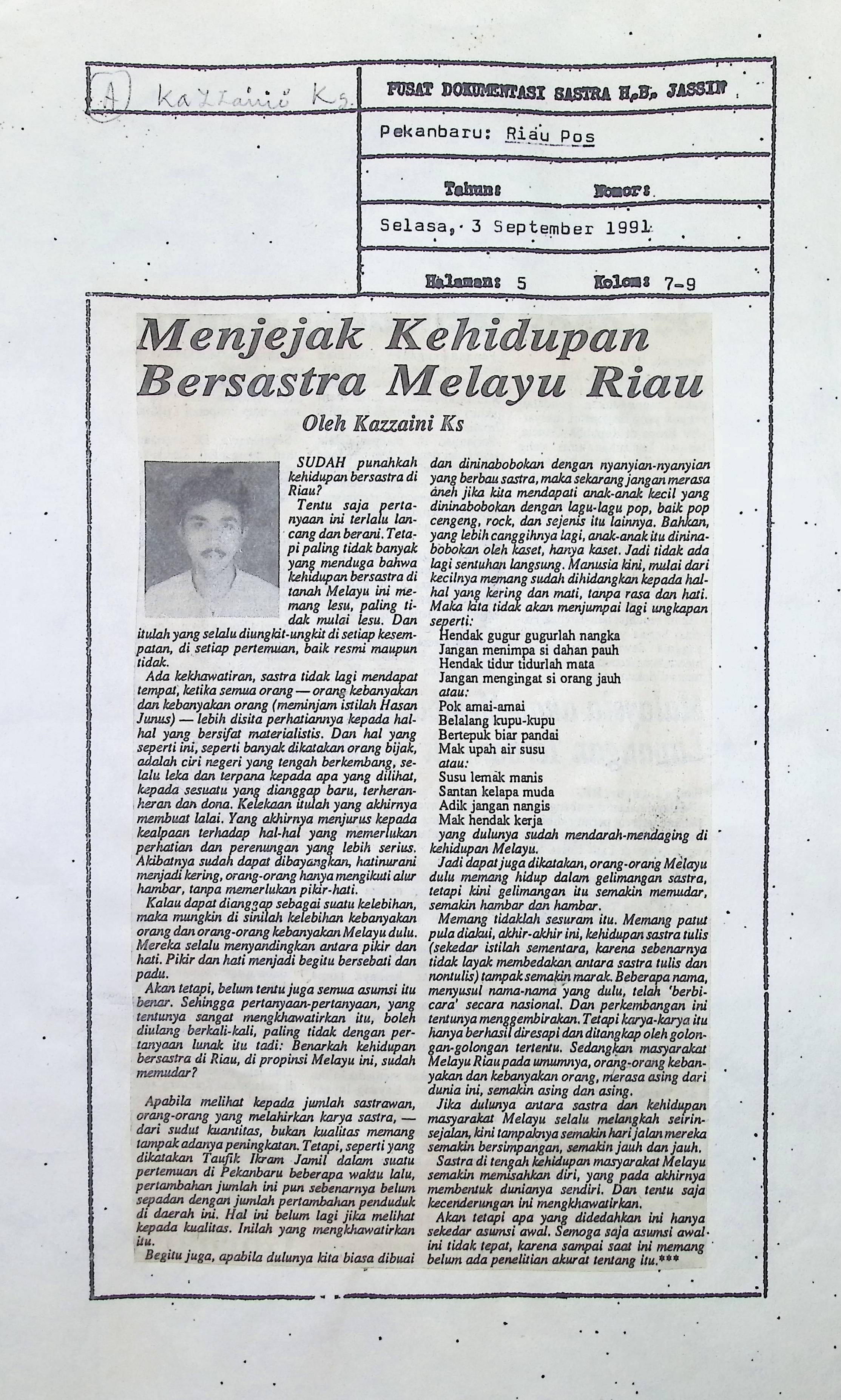 Menjejak kehidupan bersastra melayu Riau