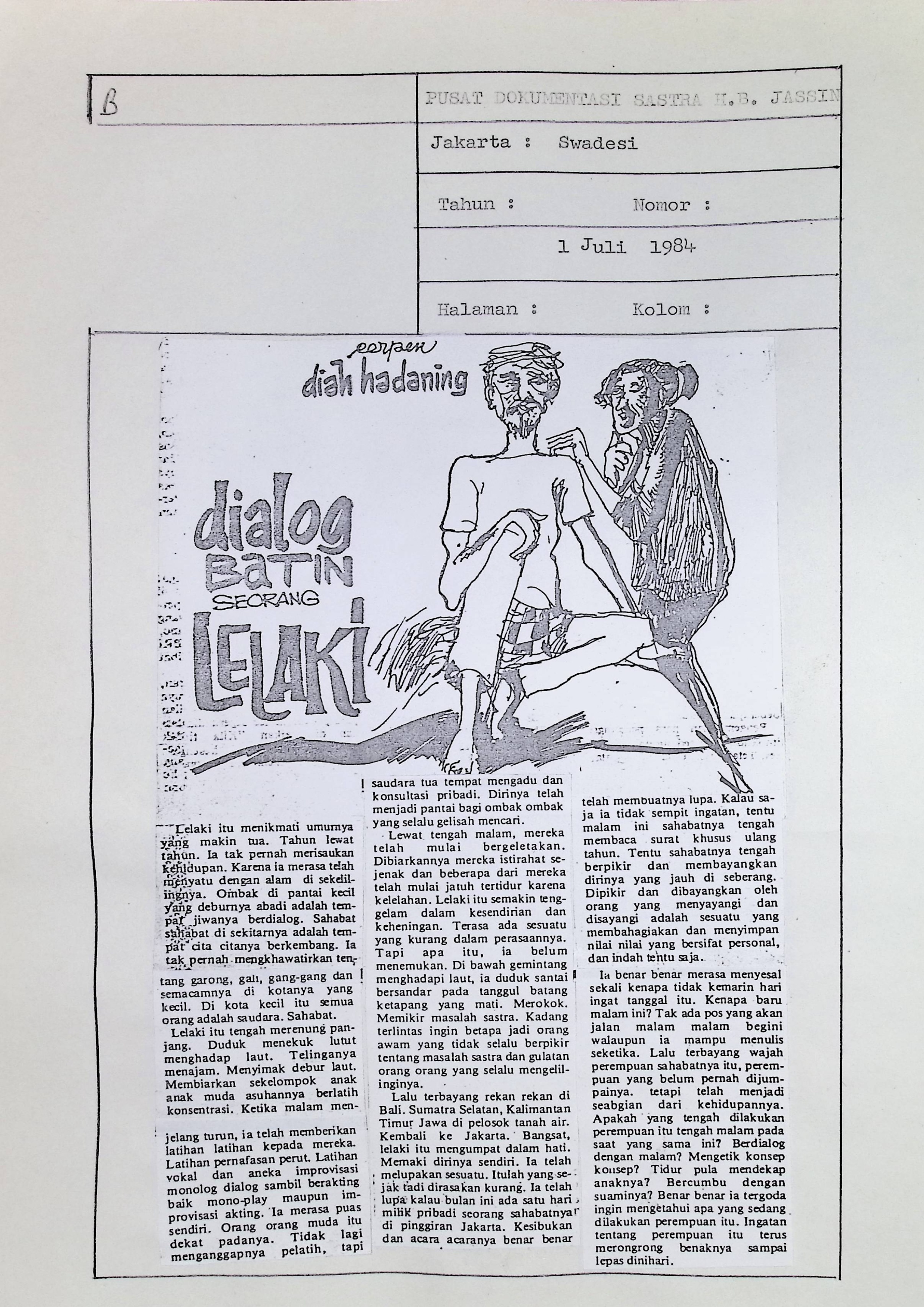Dialog batin seorang lelaki :  Cerpen karya Diah Hadaning