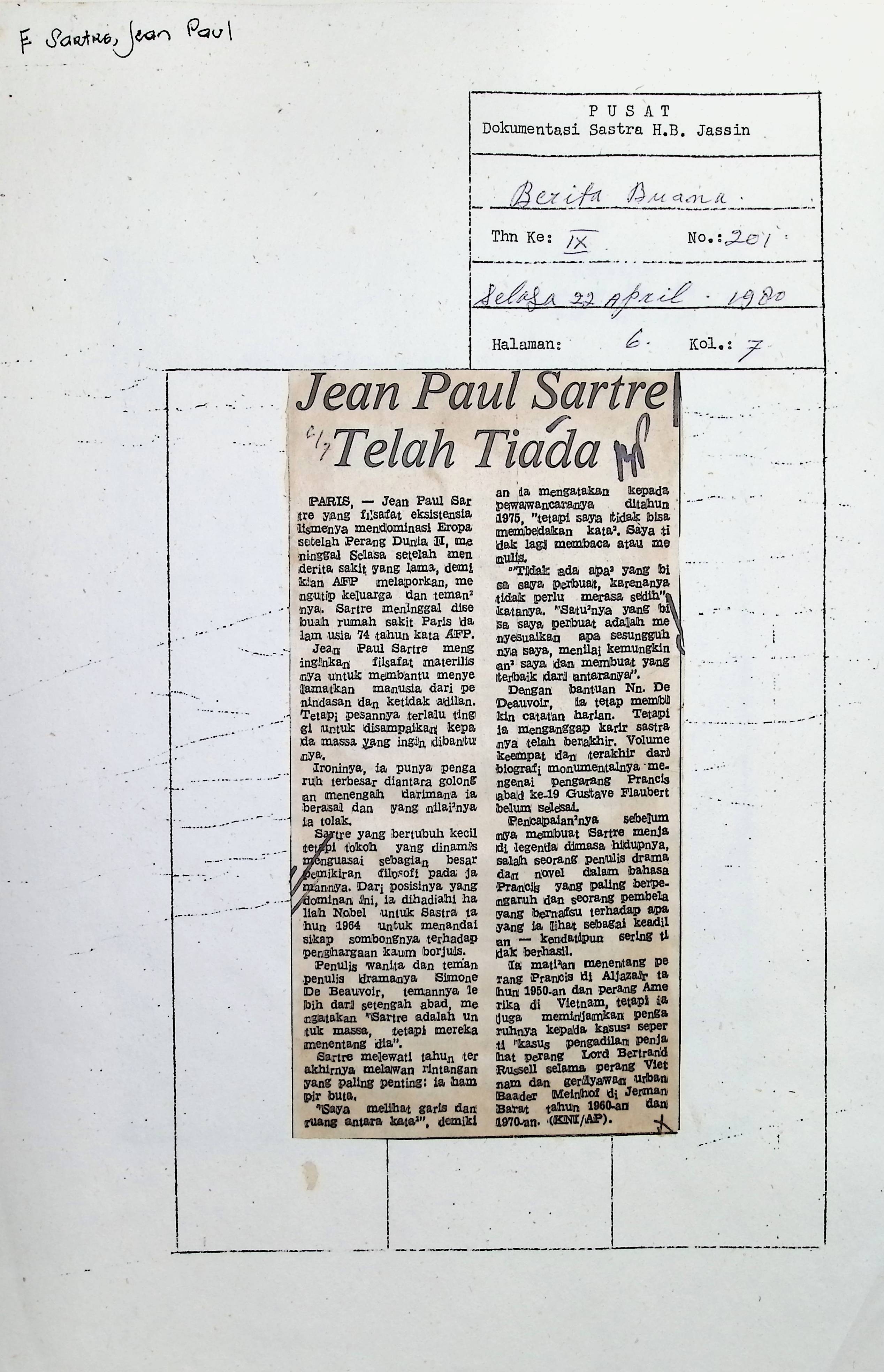 Jean Paul Sartre telah tiada