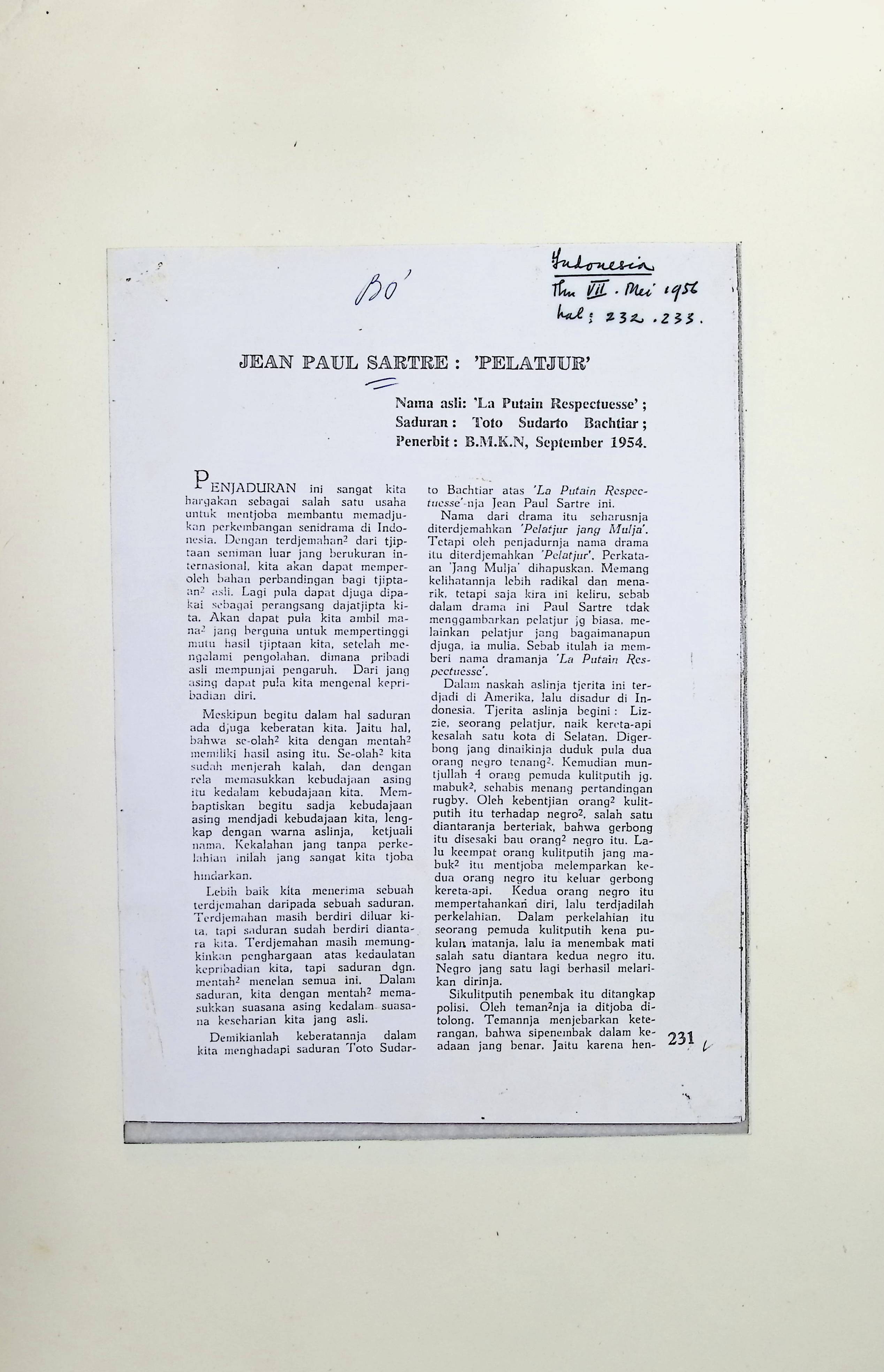 Jean Paul Sartre: Pelatjur