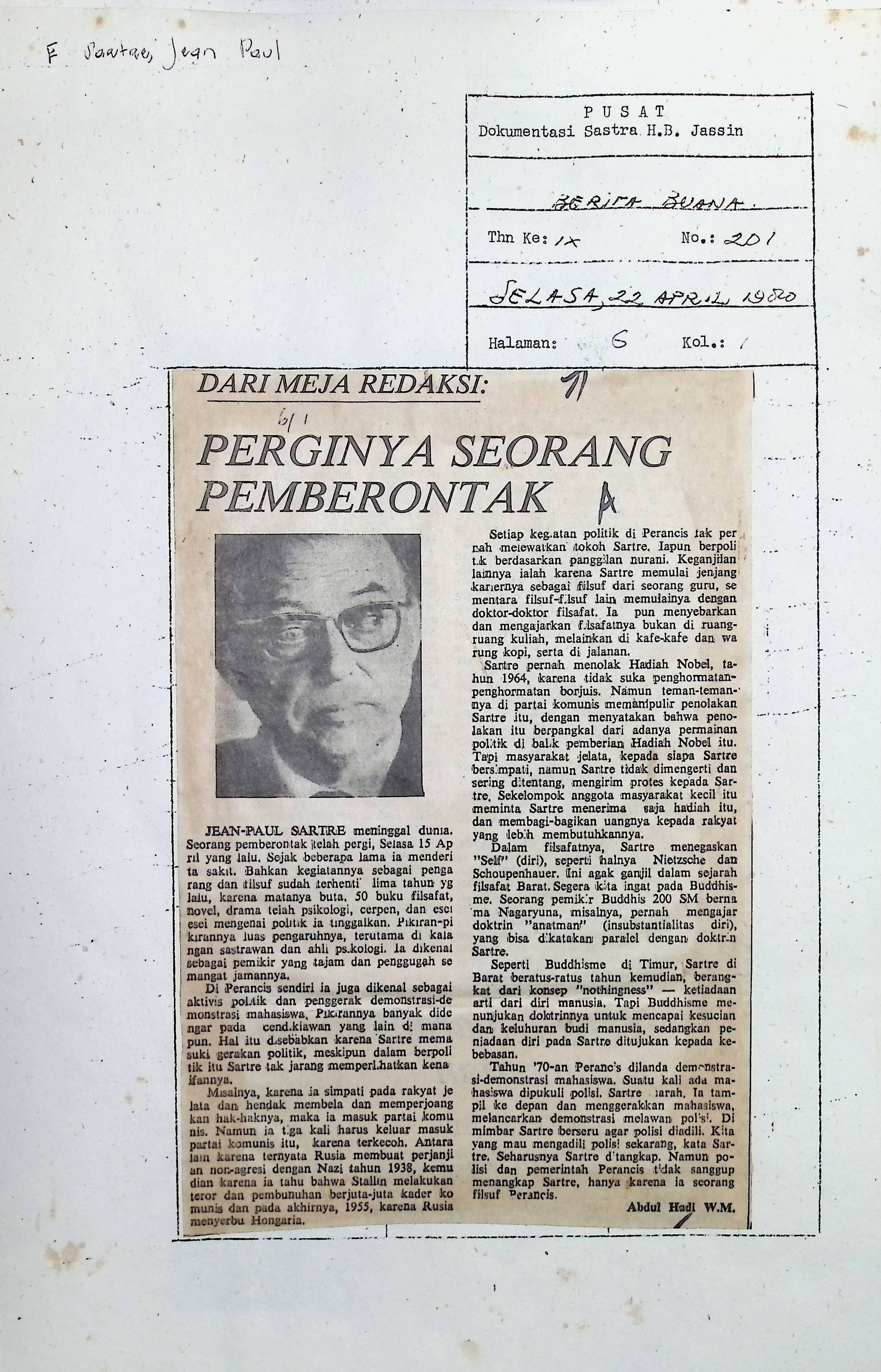 Tjatatan tentang tulisan, Sartre: pelatjur yang mulia