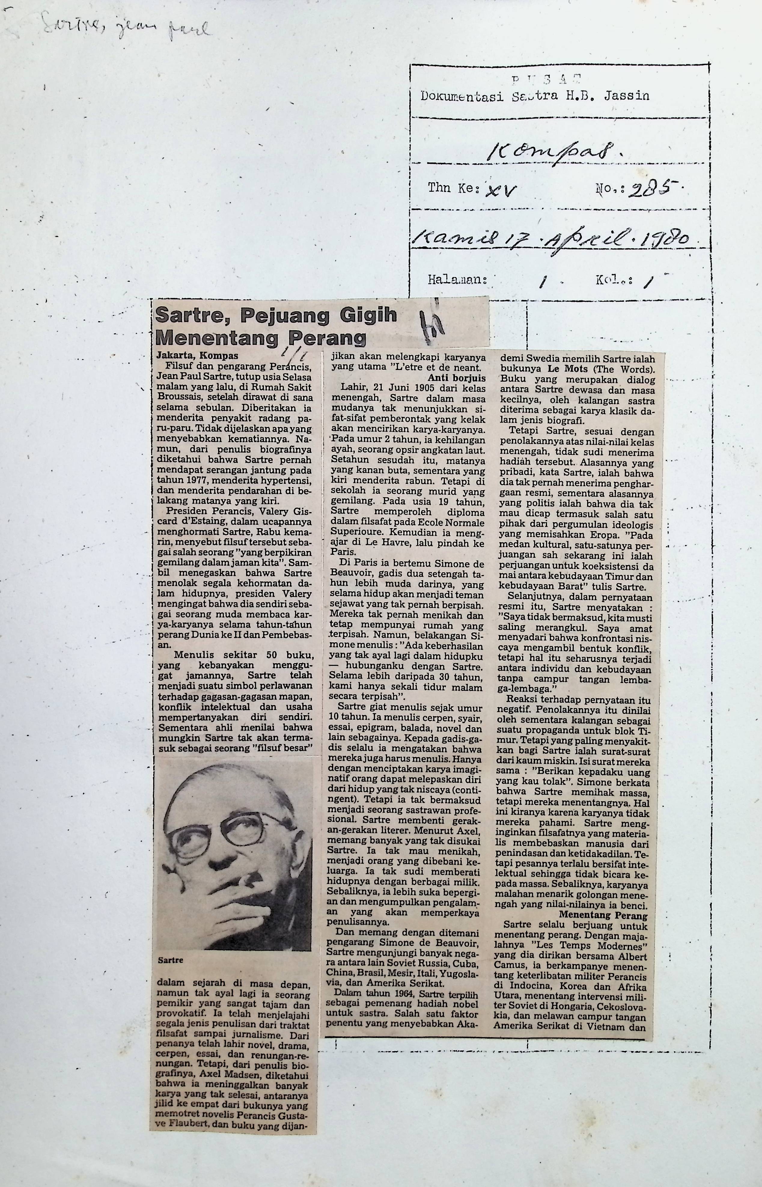 Sartre, peluang gigih menentang perang