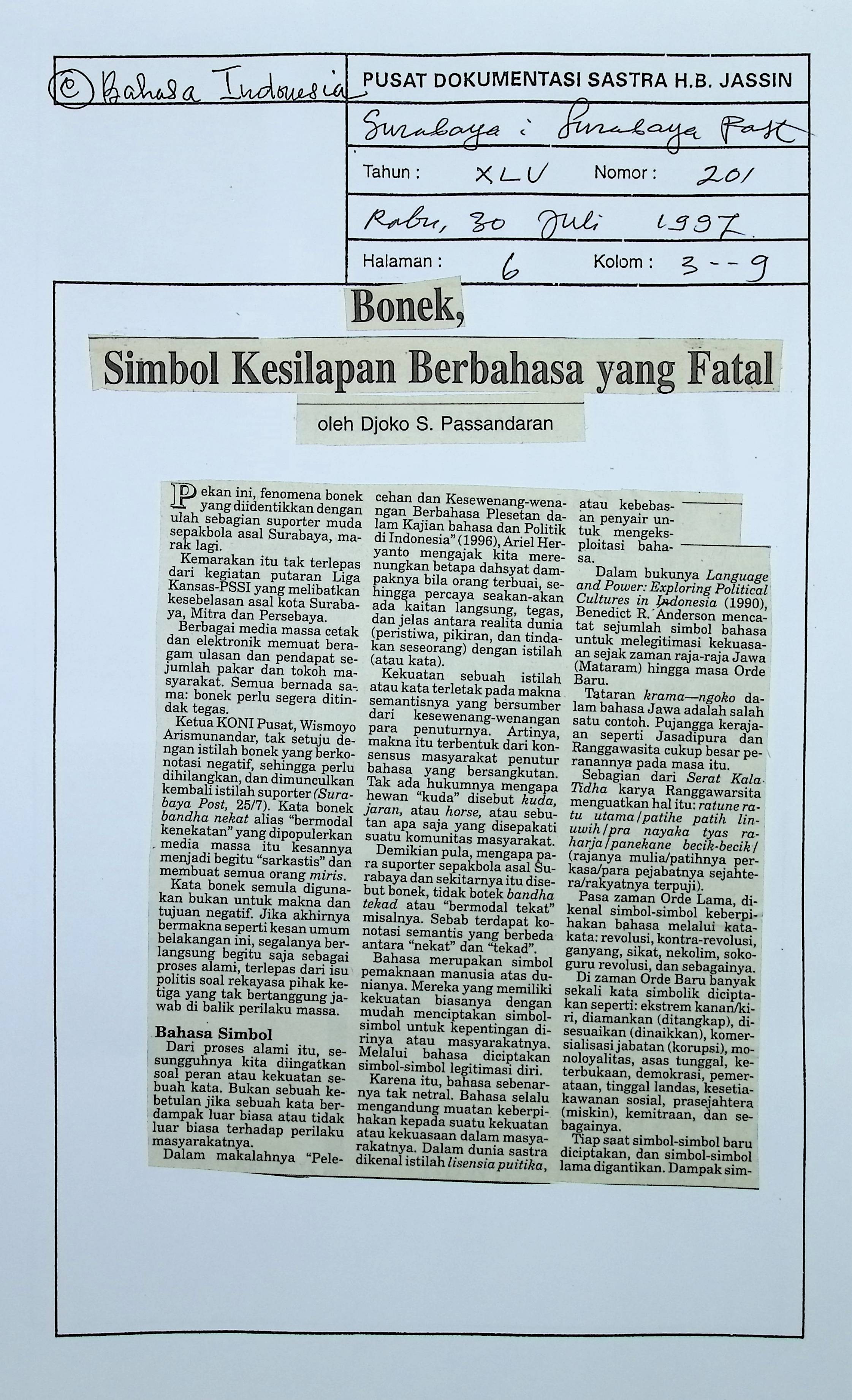 Bonek,simbol kesilapan berbahasa yang fatal