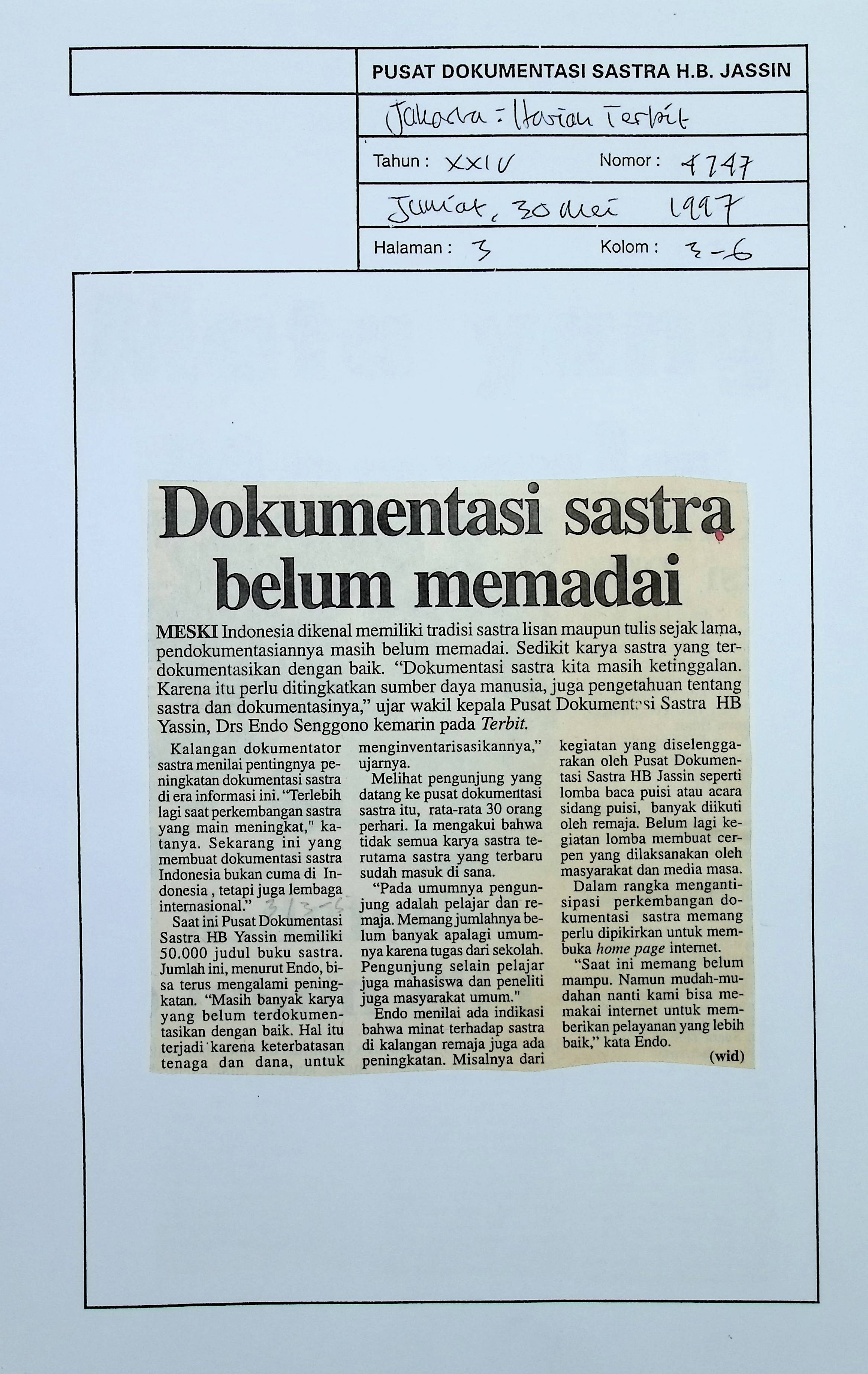Dokumentasi sastra belum memadai
