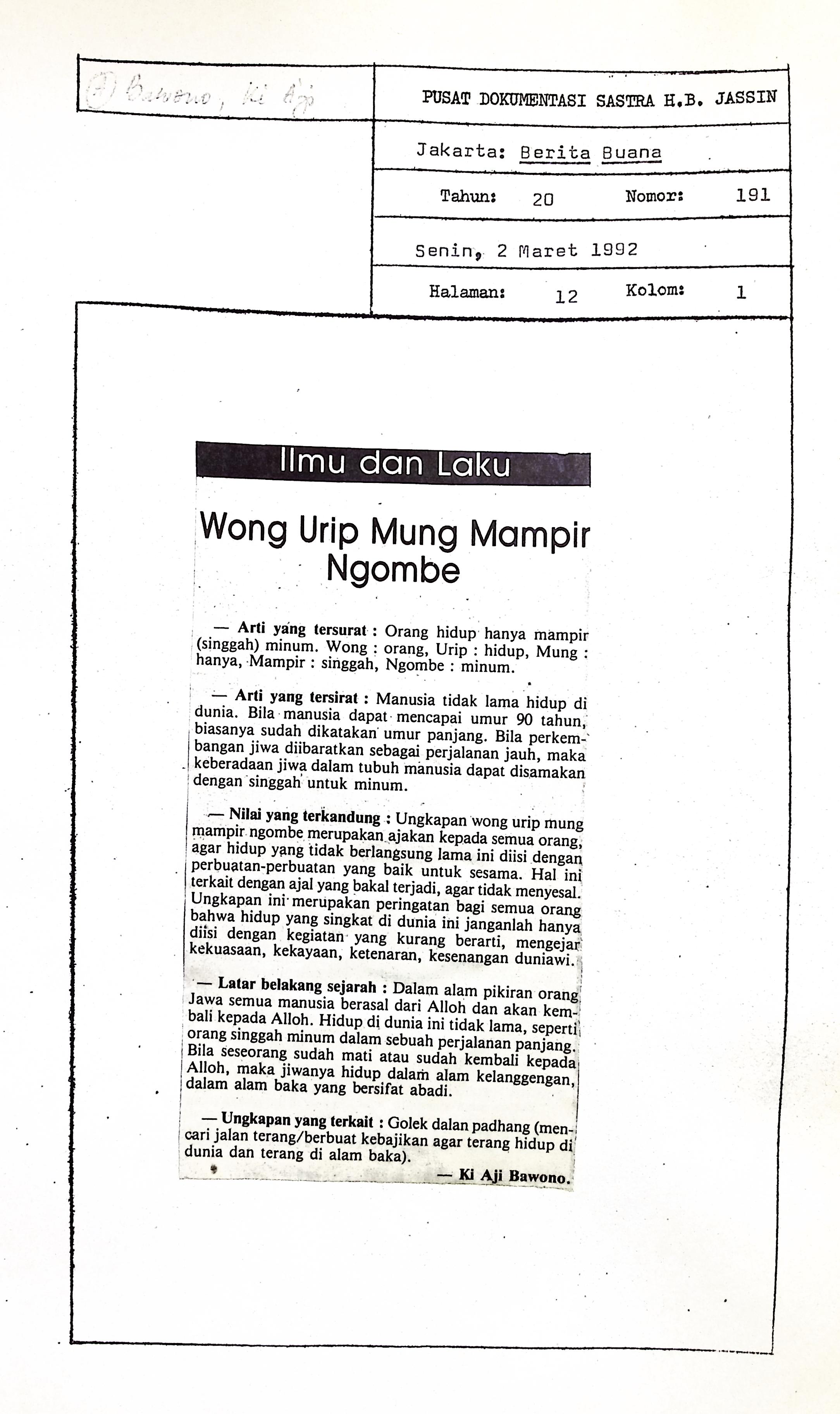 Ilmu dan laku, wong urip mung mampir ngombe