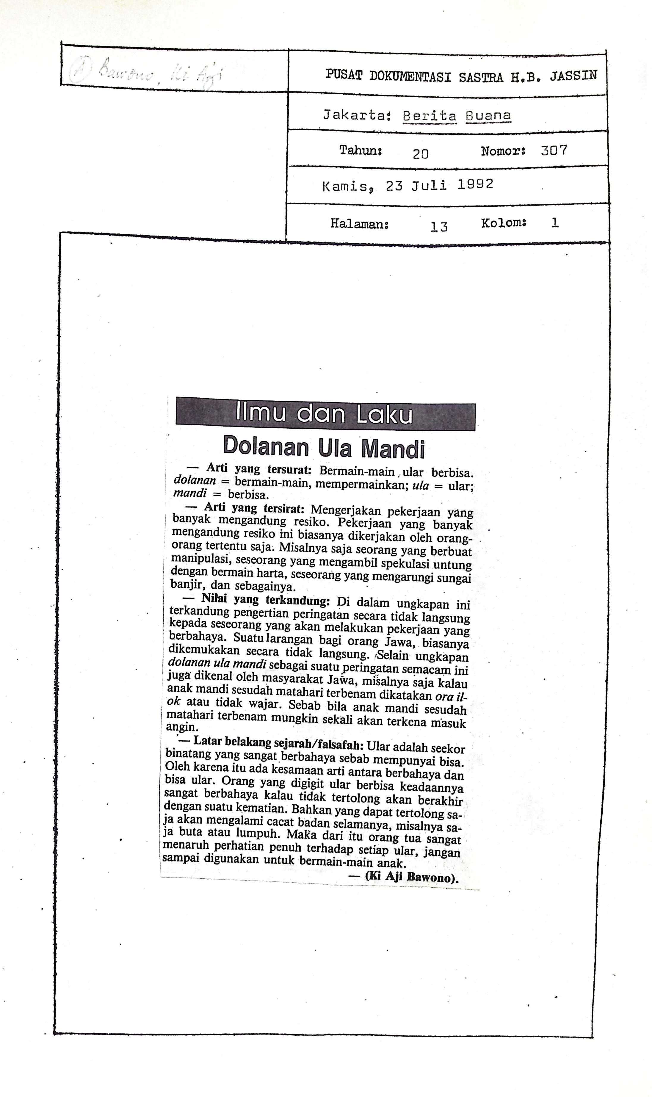 Ilmu dan laku, dolanan ula mandi