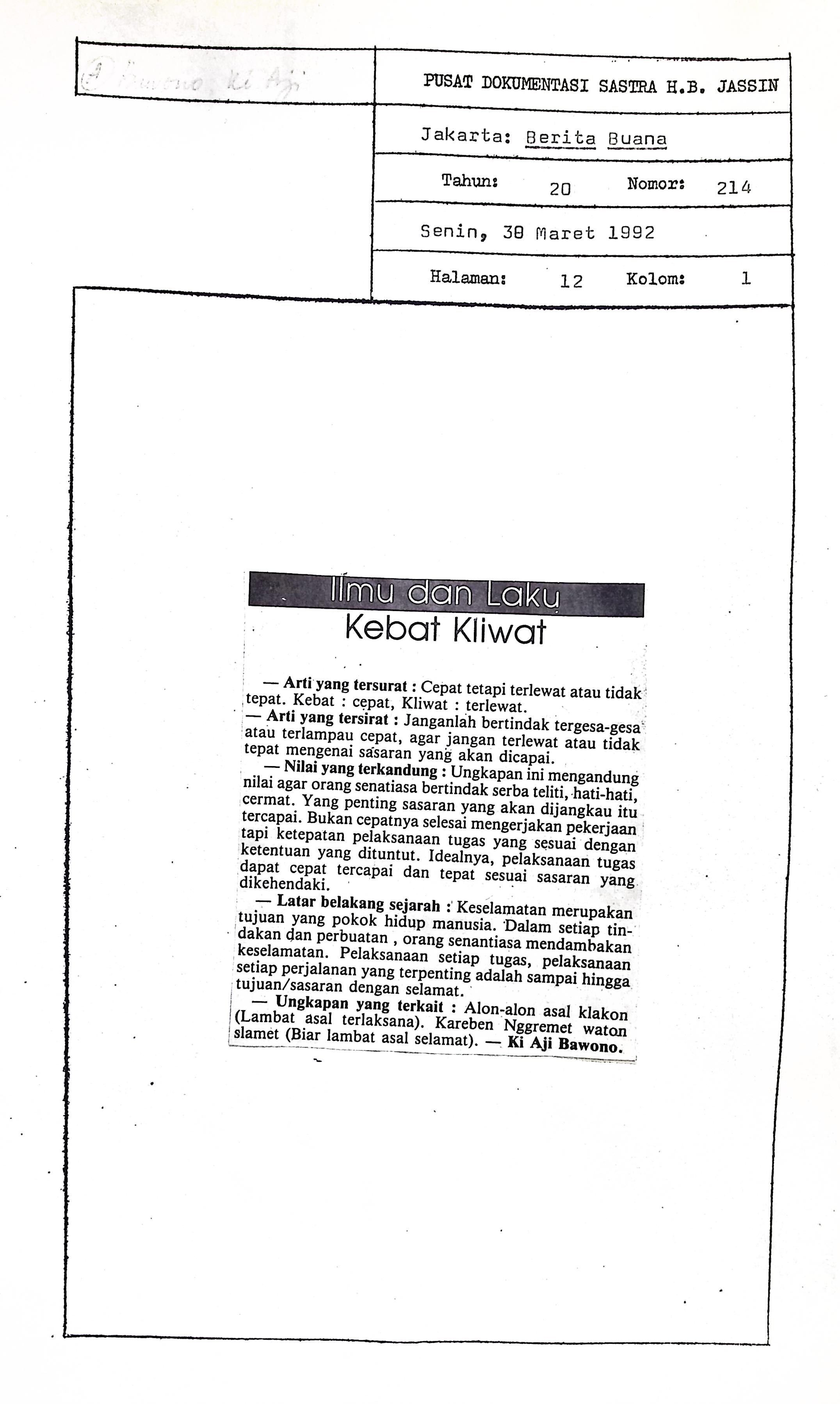 Ilmu dan laku, kebat kliwat