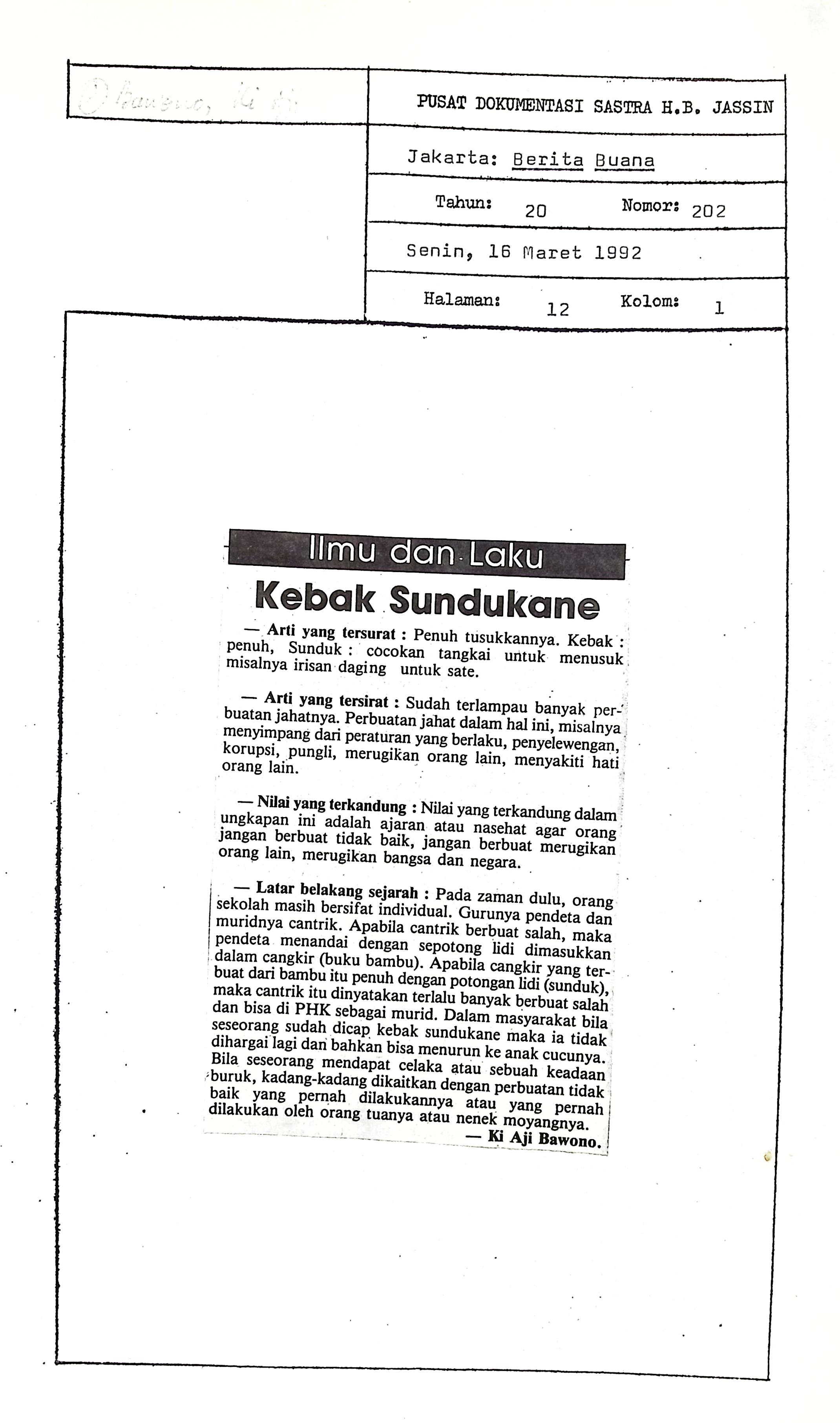 Ilmu dan laku, kebak sundukane