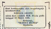 Berita kematian Njonja Arsiti istri dari saudara HB Jassin