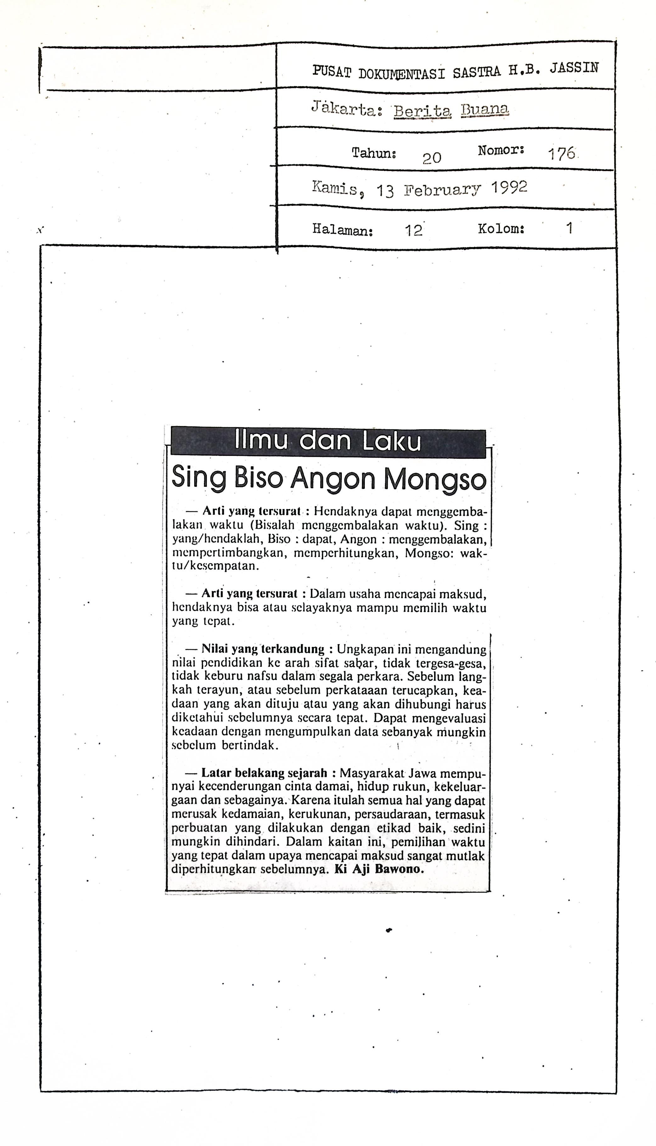 Ilmu dan laku, sing baso angon mongso