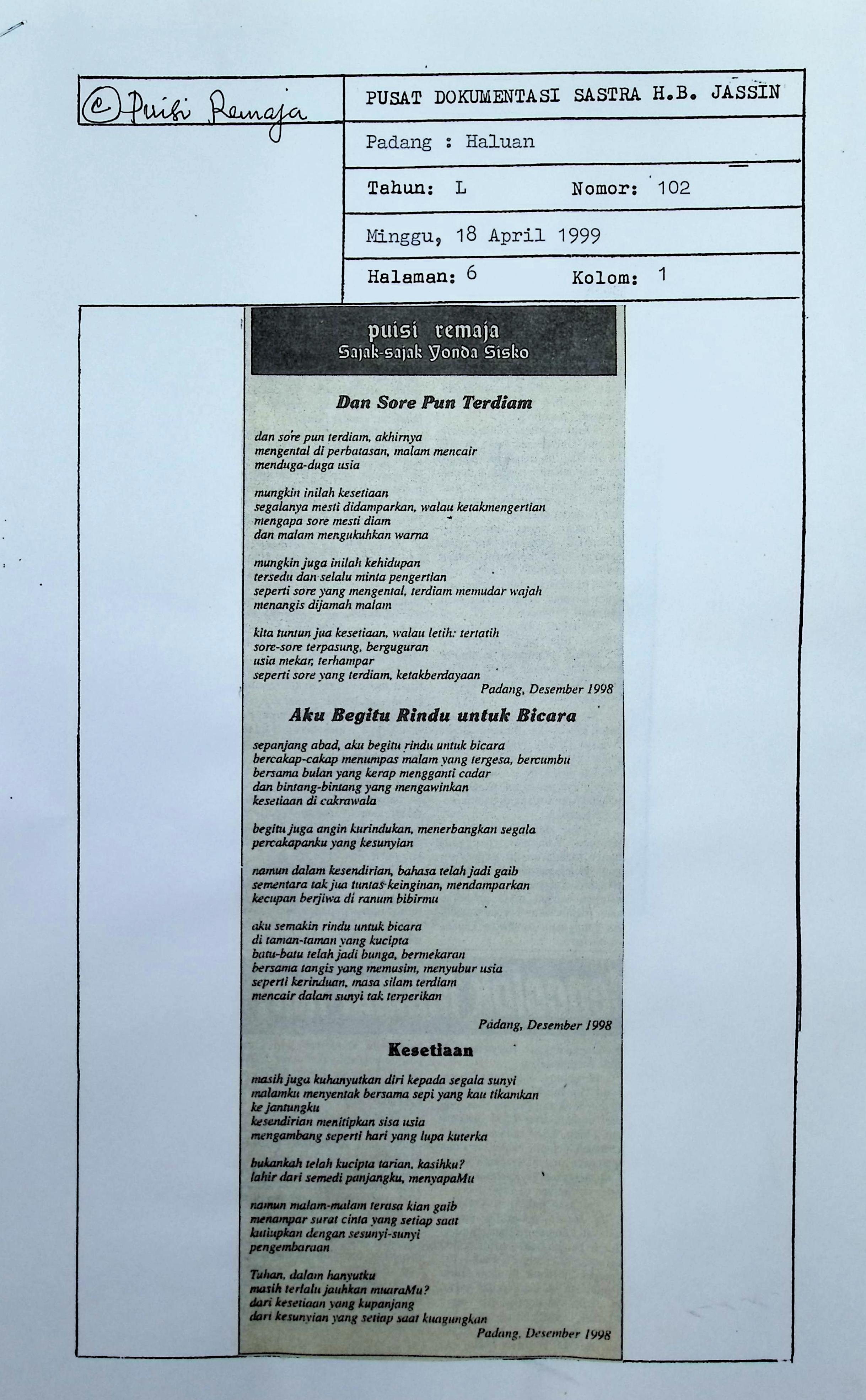 Puisi remaja. Sajak-sajak Yonda Sisko