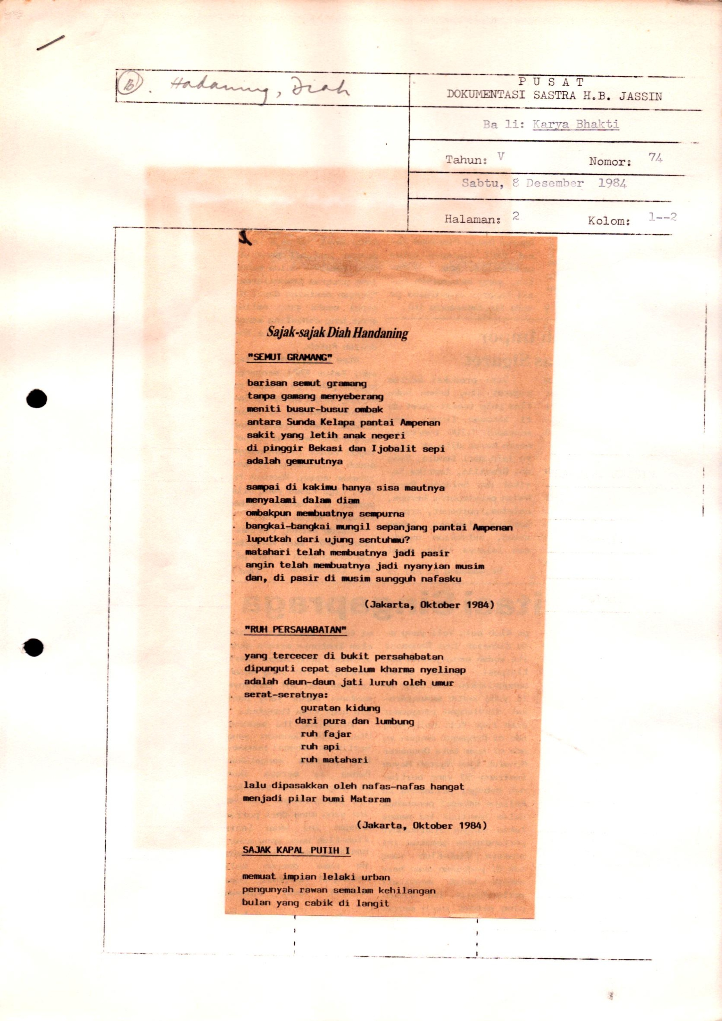 Sajak-Sajak Diah Hadaning (8 Desember 1984)