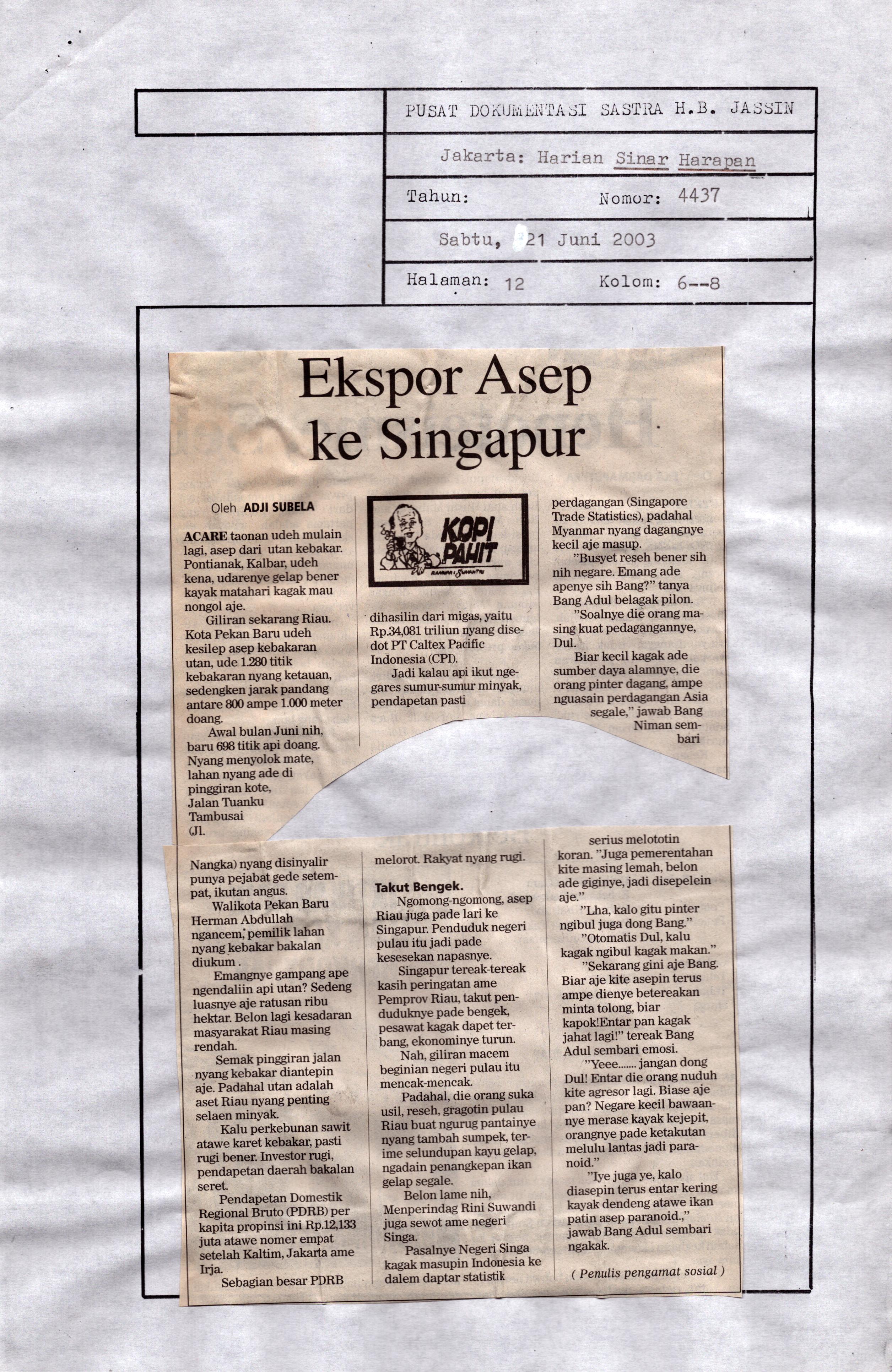 Ekspor asep ke Singapur / Adji Subela, ; ilustrator, Gandjar Dewa