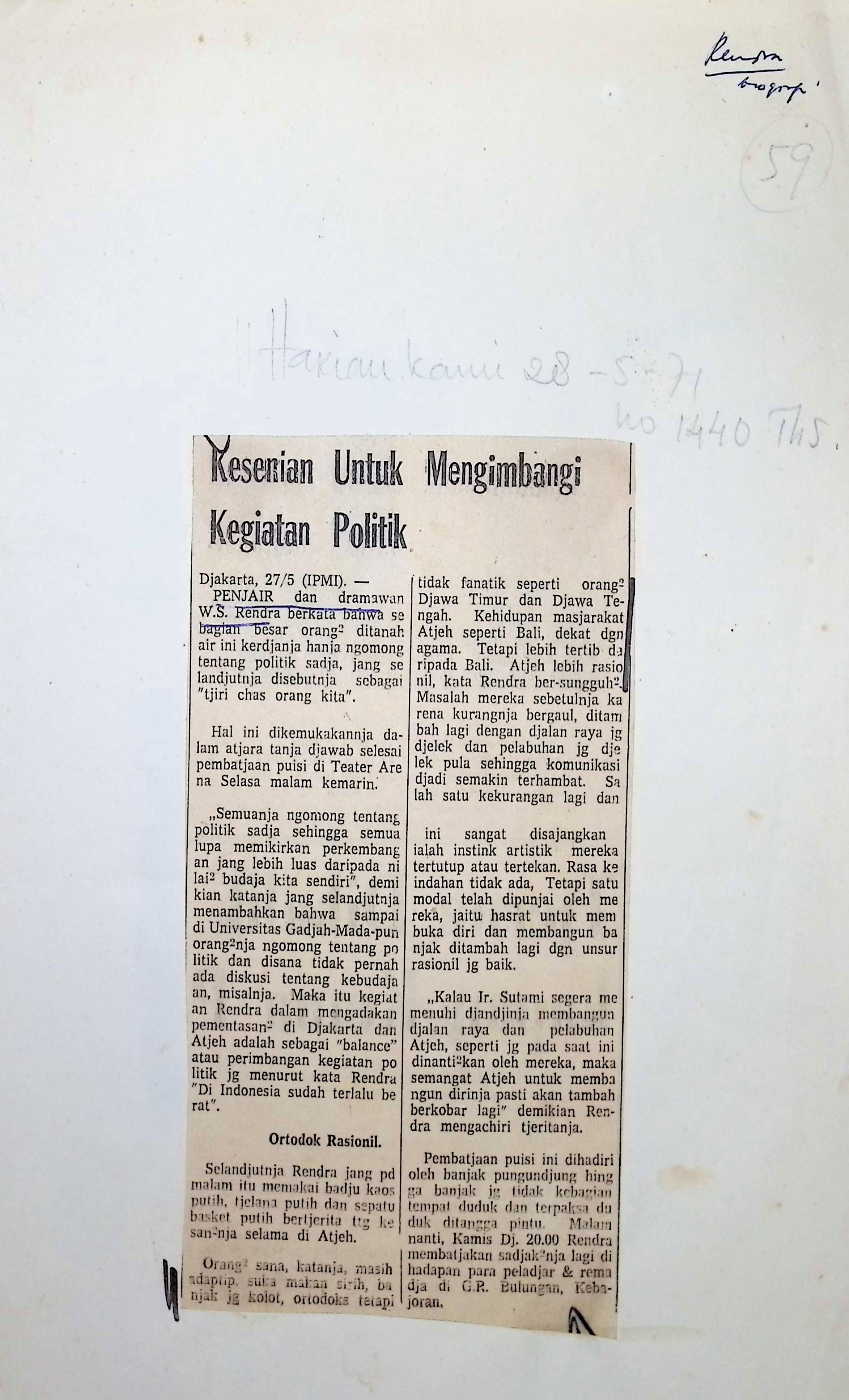Kesenian untuk mengimbangi kegiatan politik