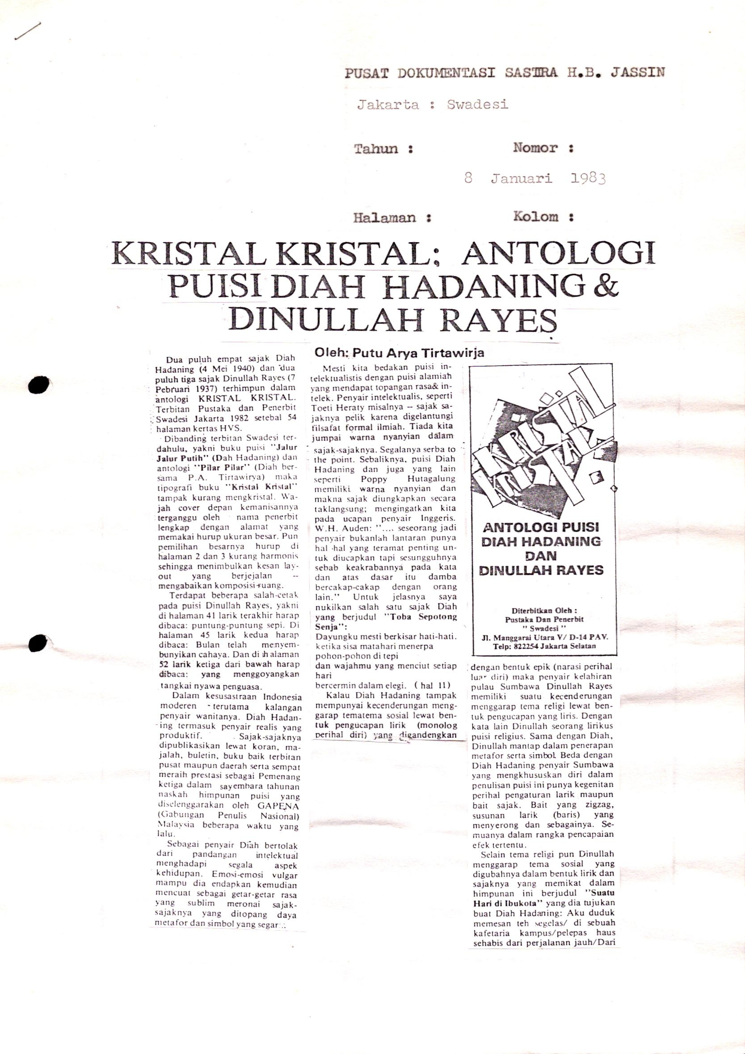 Kristal kristal; antologi puisi Diah Hadaning dan Dinullah Rayes : Timbangan buku