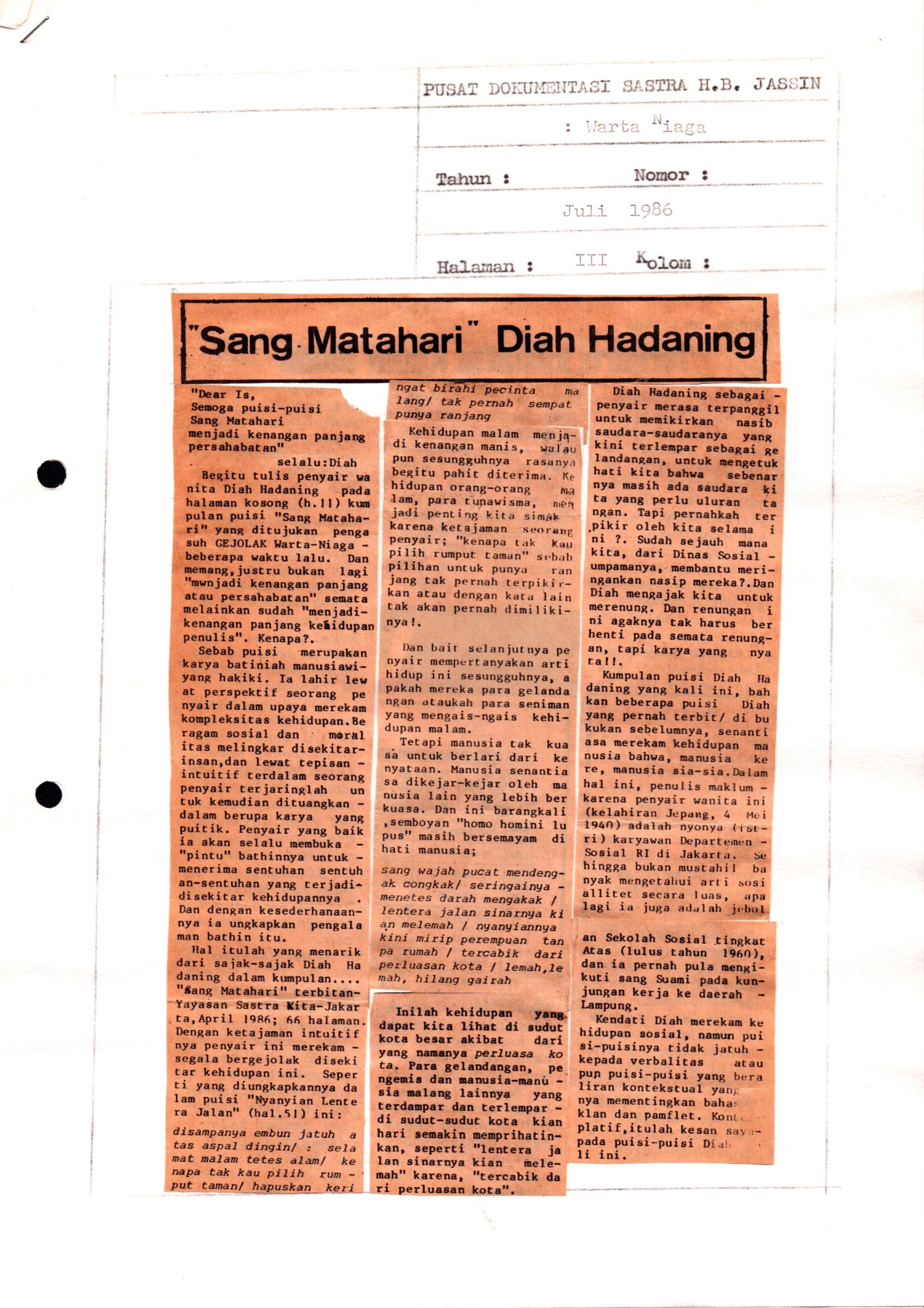 "Sang matahari" Diah Hadaning : Timbangan buku