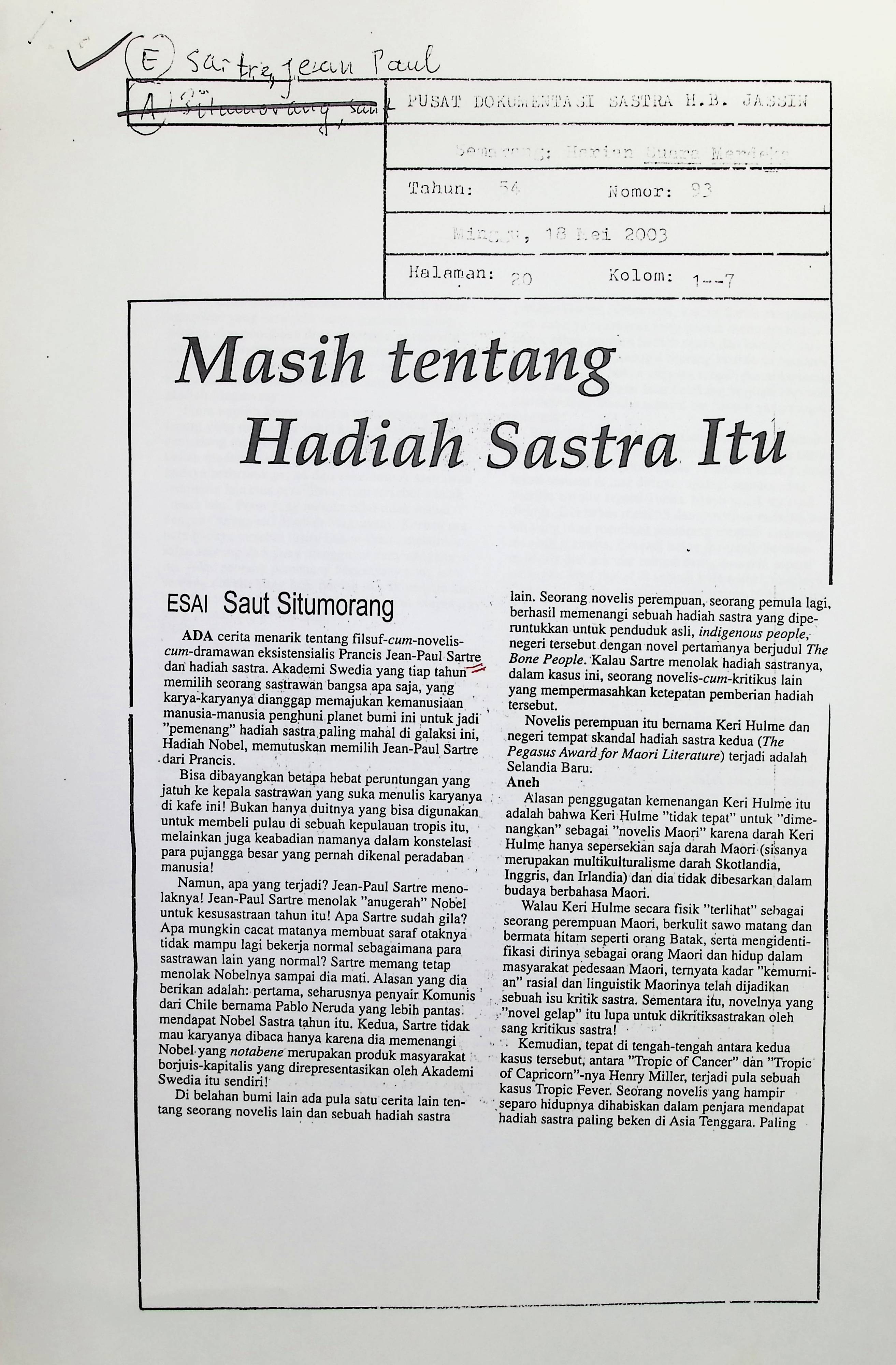 Masih tentang hadiah sastra itu