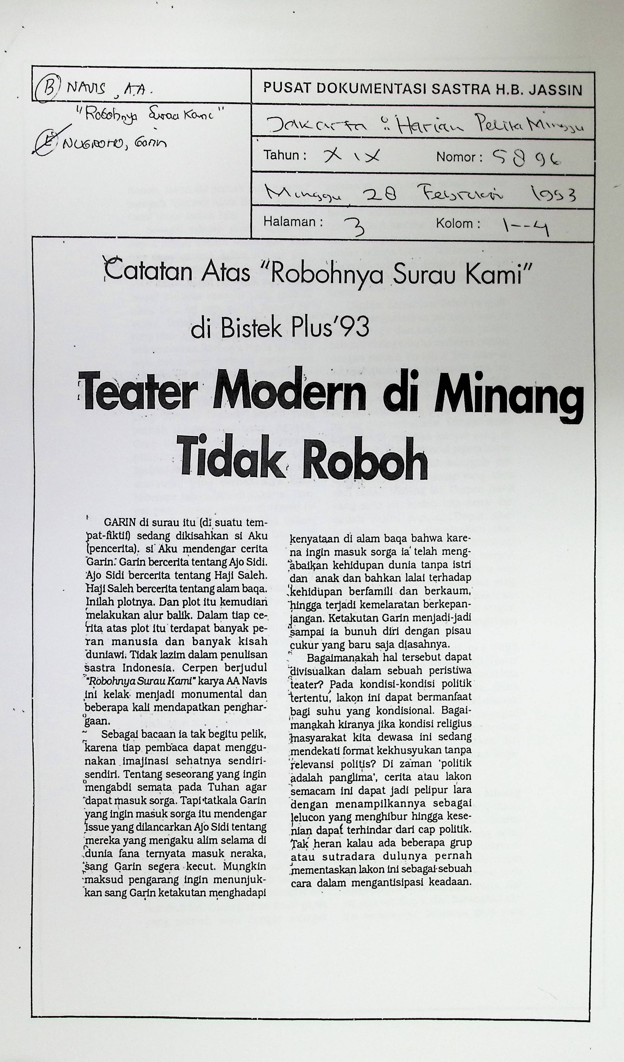 Catatan atas robohnya surau kami di Bistek Plus'93 : teater modern di Minang tidak roboh