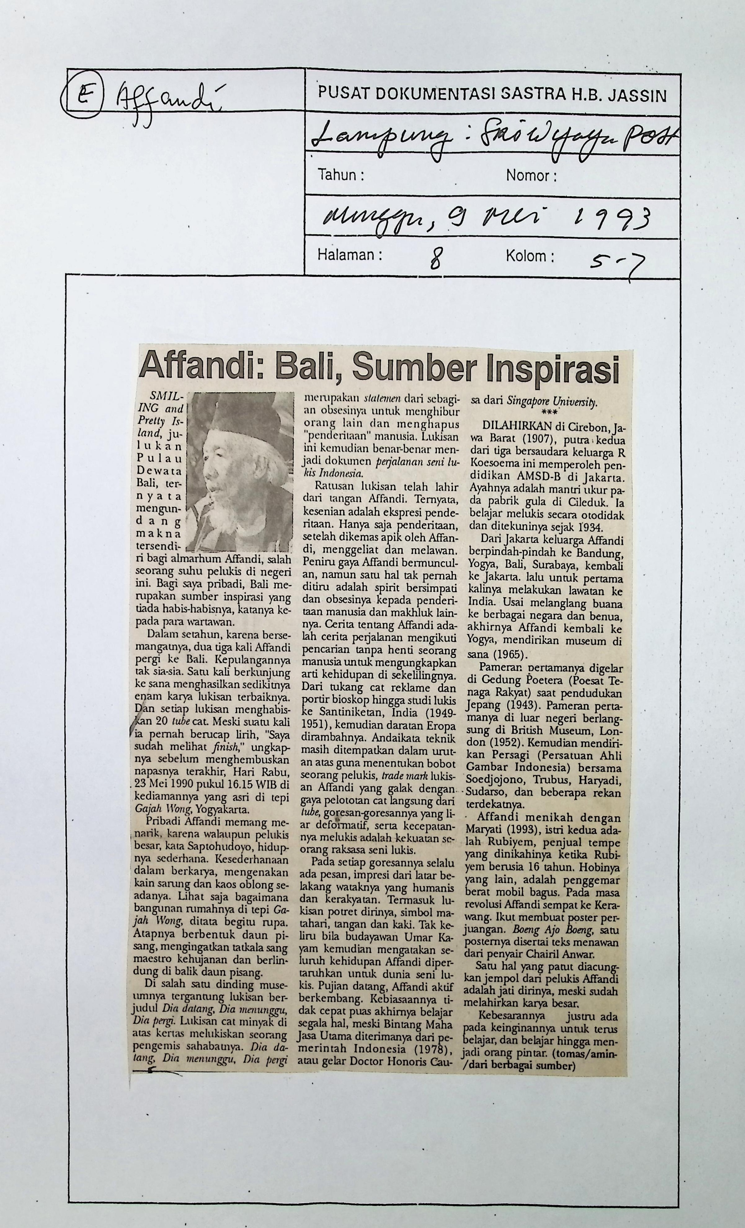 Affandi : Bali sumber inspirasi