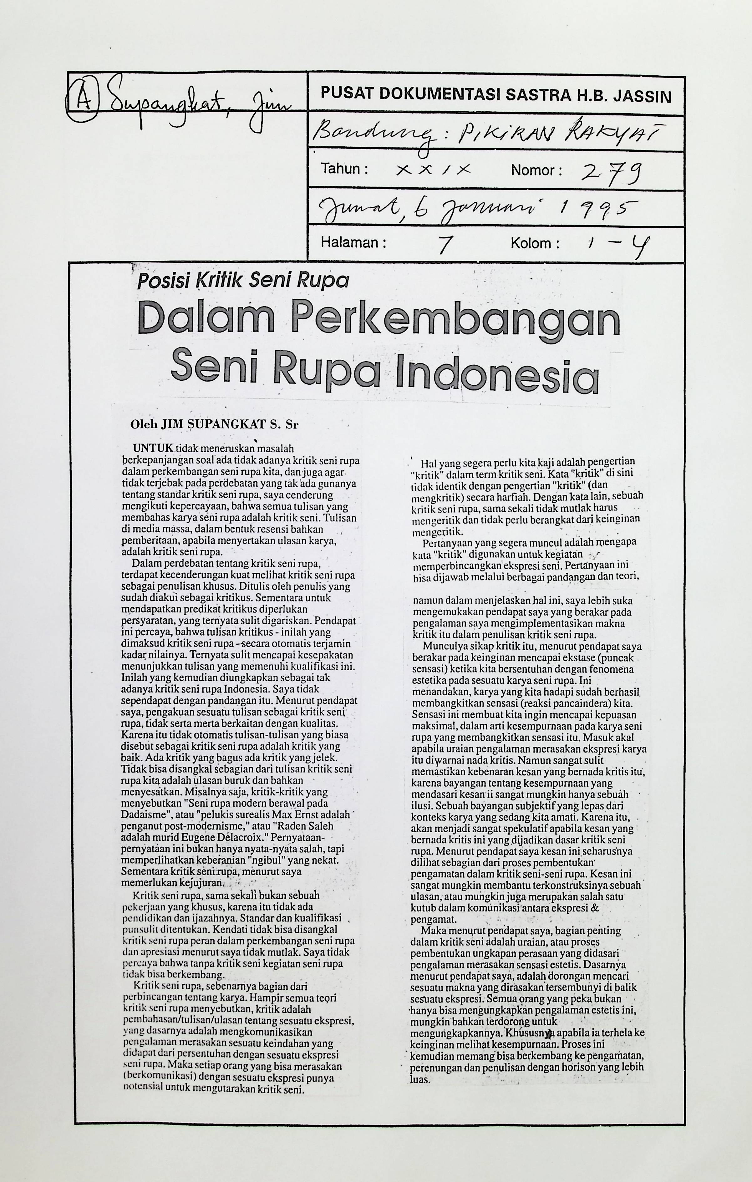 Posisi kritik seni rupa, dalam perkembangan seni rupa Indonesia