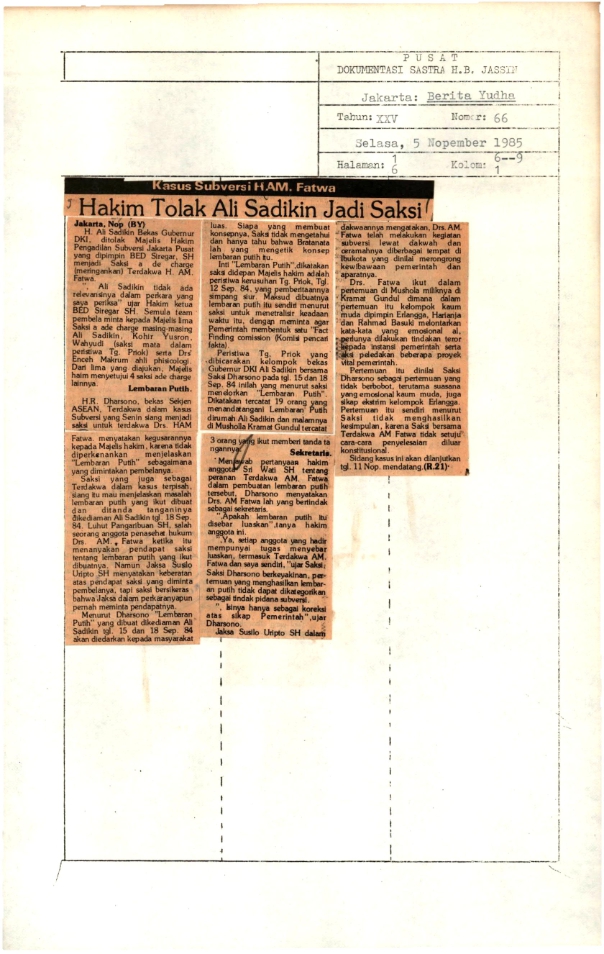 Kasus subversi HAM. Fatwa : hakim tolak Ali Sadikin jadi saksi