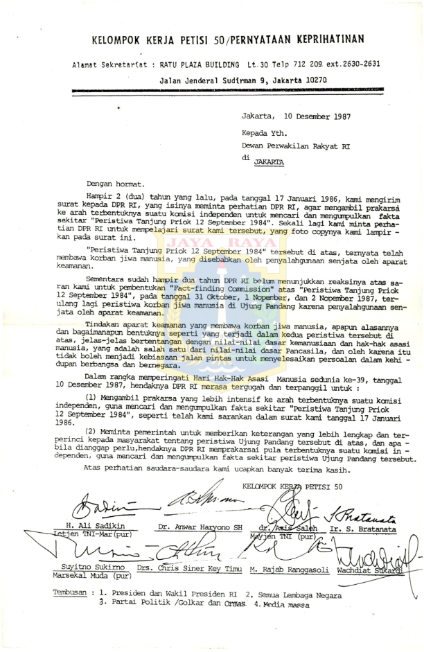 Surat untuk Dewan Perwakilan Rakyat RI (10 Desember 1987)