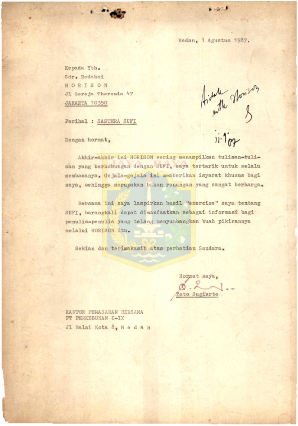 Surat untuk Redaksi Horison (1 Agustus 1987)