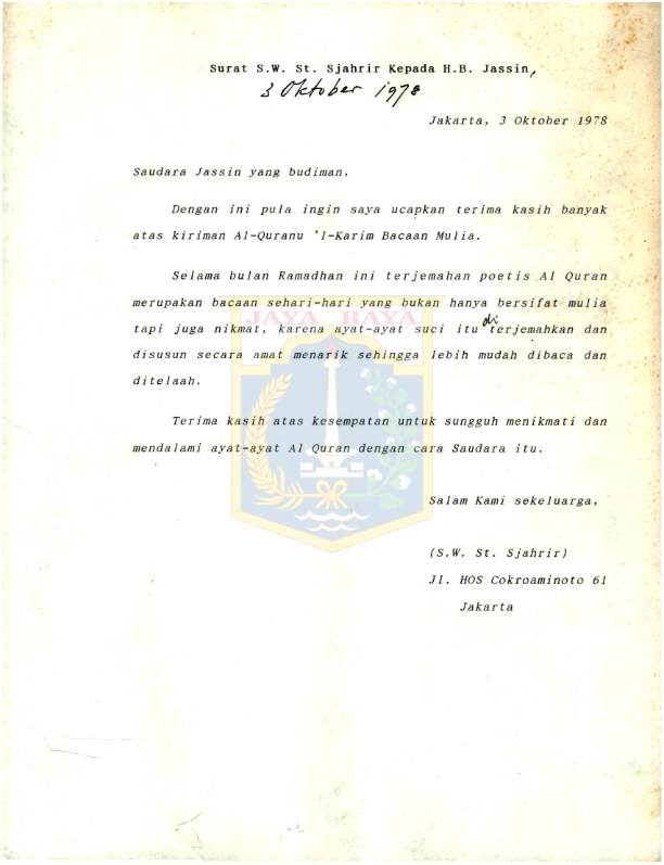 Surat S.W. St. Sjahrir kepada H.B. Jassin (3 Oktober 1978)