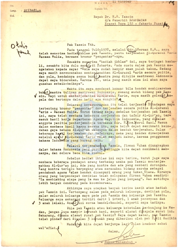 Surat Bokor Hutasuhut kepada H.B. Jassin (11 Oktober 1978)