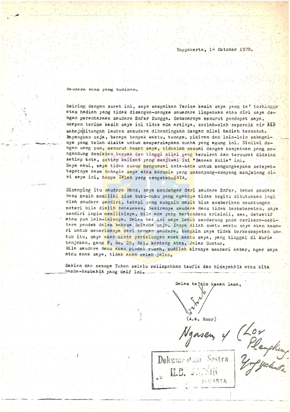 Surat A.W. Noor kepada H.B. Jassin (14 Oktober 1978)