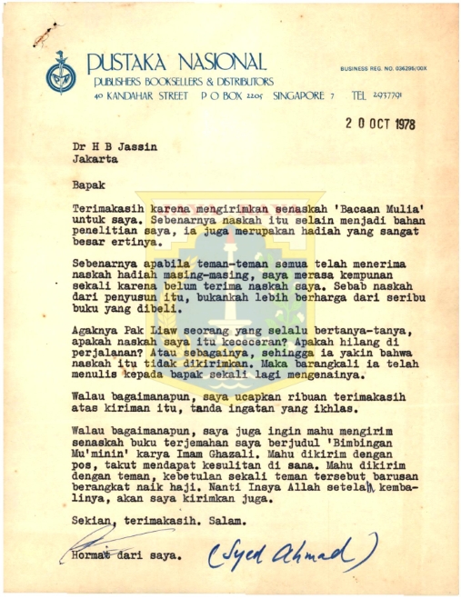 Surat Syed Ahmad kepada H.B. Jassin (20 Oktober 1978)