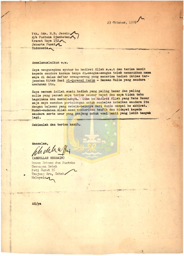 Surat Abdullah Hussain kepada H.B. Jassin (23 Oktober 1978)