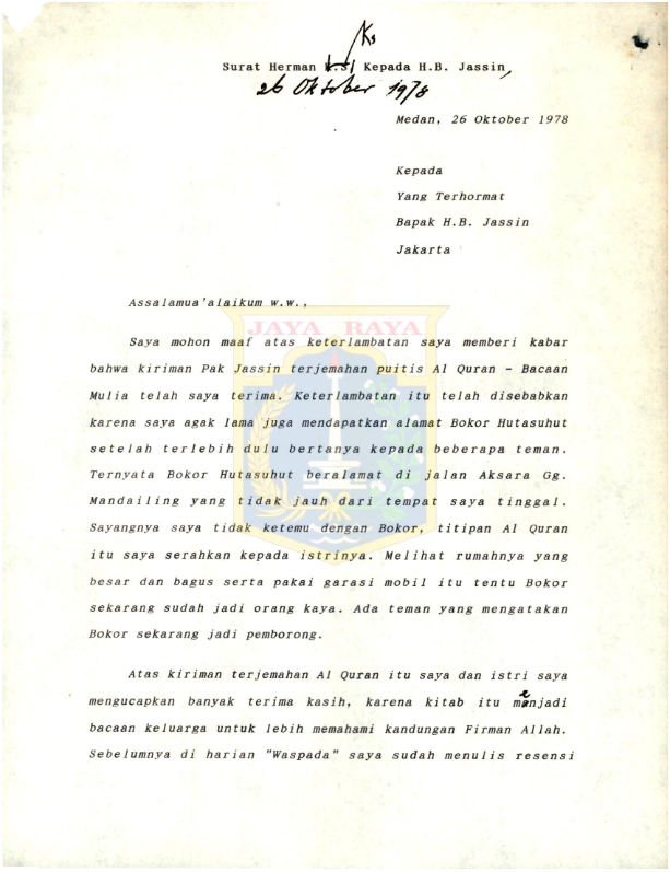 Surat Herman KS kepada H.B. Jassin (26 Oktober 1978)