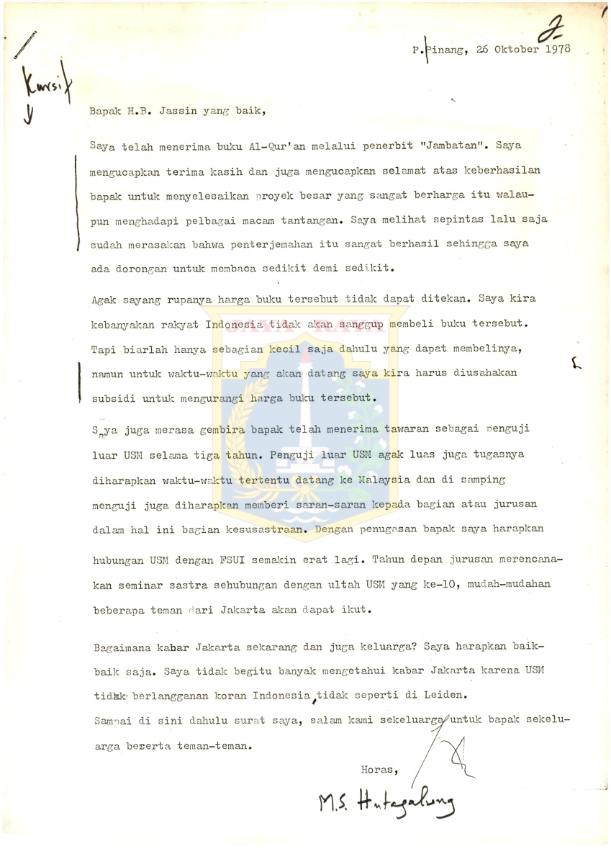 Surat M.S. Hutagalung kepada H.B. Jassin (26 Oktober 1978)