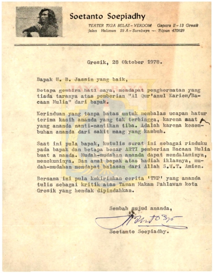 Surat Soetanto Soepiadhy kepada H.B. Jassin (28 Oktober 1978)