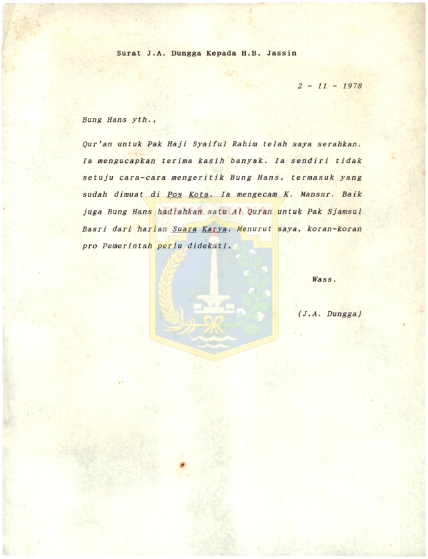 Surat J.A. Dungga kepada H.B. Jassin (2 November 1978)