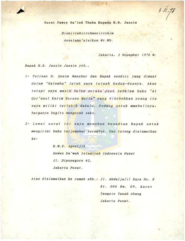 Surat Fawzy Sa'ied Thaha kepada H.B. Jassin (3 November 1978)