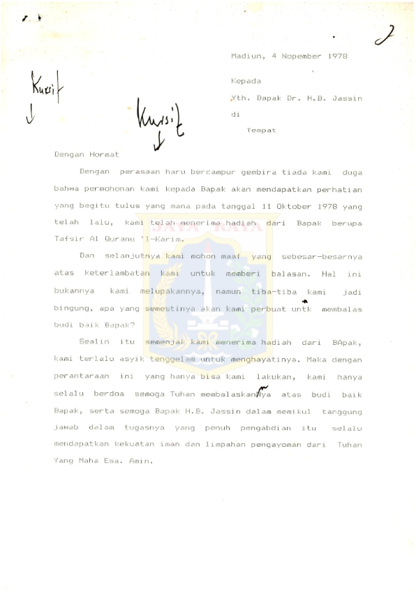 Surat Agus Sumarmanto kepada H.B. Jassin (4 November 1978)