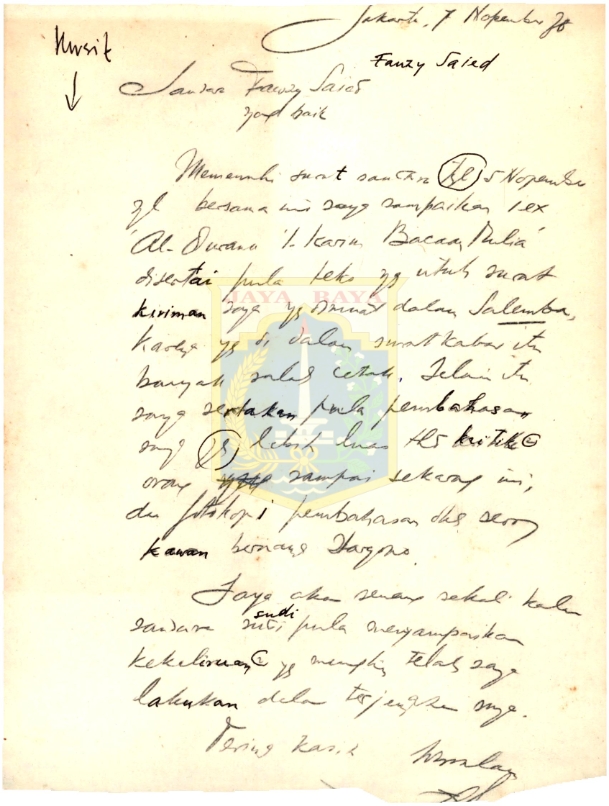 Surat balasan tulisan tangan H.B. Jassin kepada Fawzy Sa'ied (7 November 1978)