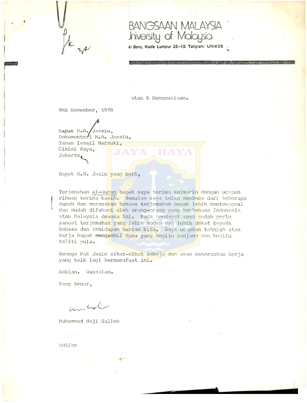 Surat Muhammad Haji Salleh kepada H.B. Jassin (9 November 1978)