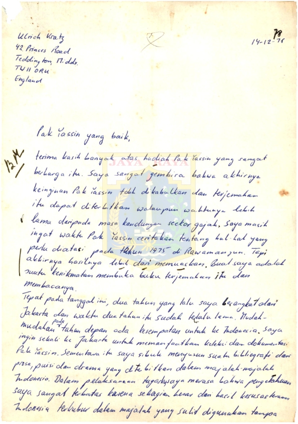 Surat tulisan tangan untuk H.B. Jassin yang dikirim dari Inggris (14 Desember 1978)