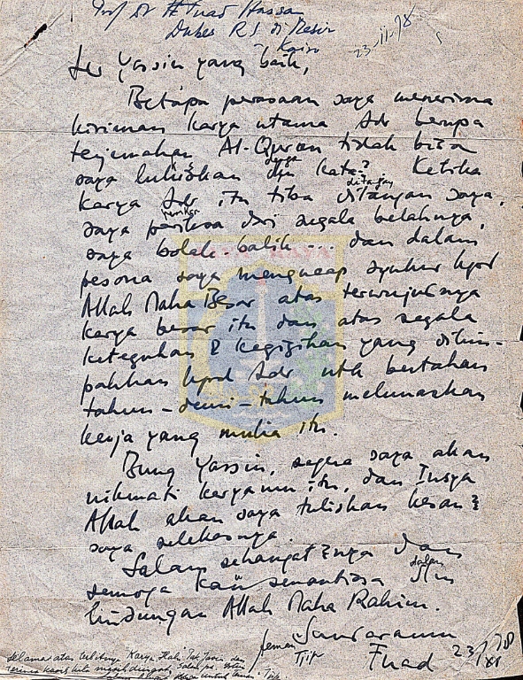 Surat tulisan tangan Fuad kepada H.B. Jassin (23 November 1978)