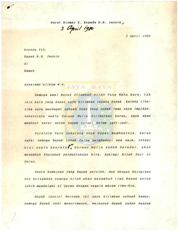 Surat Bismar E. kepada H.B. Jassin (3 April 1980)